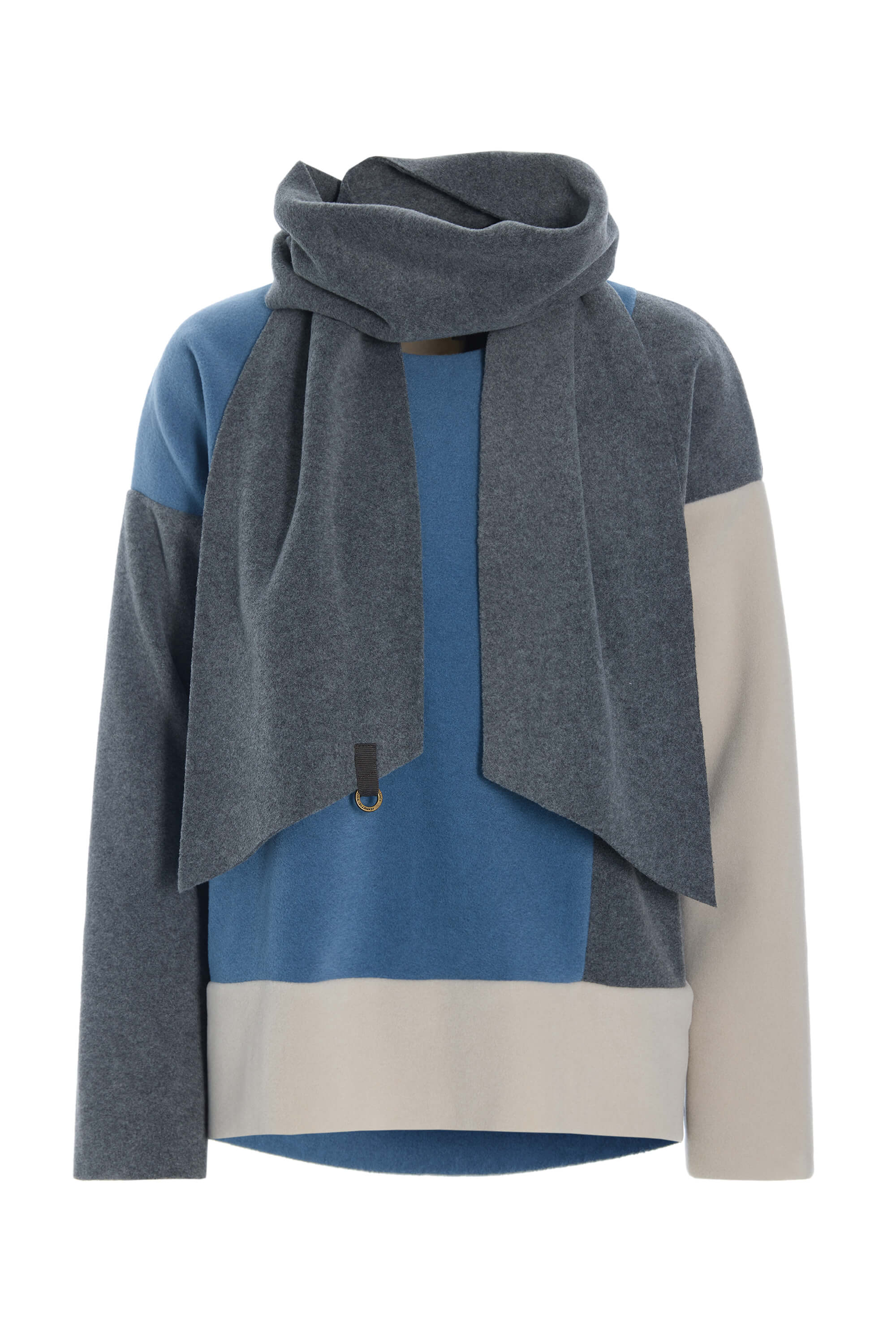 A color-blocked knit sweater with a matching draped cowl scarf, featuring gray, blue, and beige color blocks on a white background.