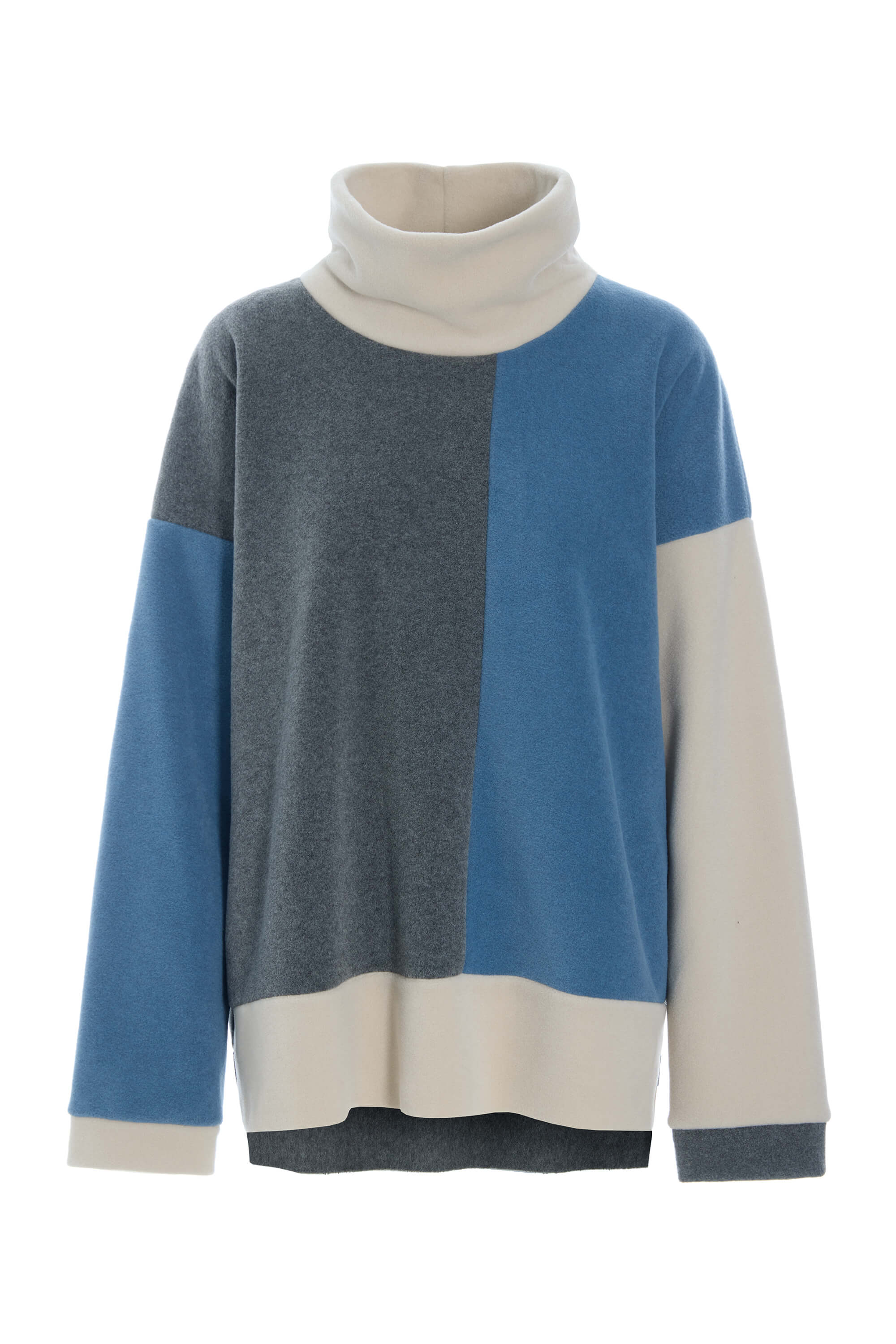 A color-blocked knit turtleneck sweater with a vertical split design in slate gray, medium blue, and cream, shown against a plain white background.