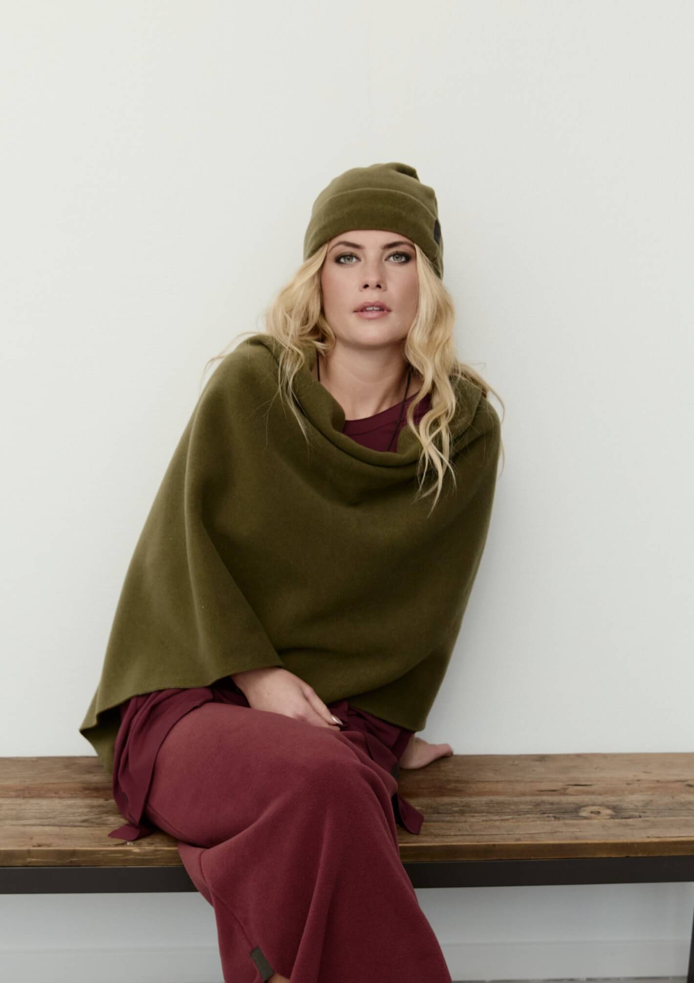 A woman wearing a fleece beanie.