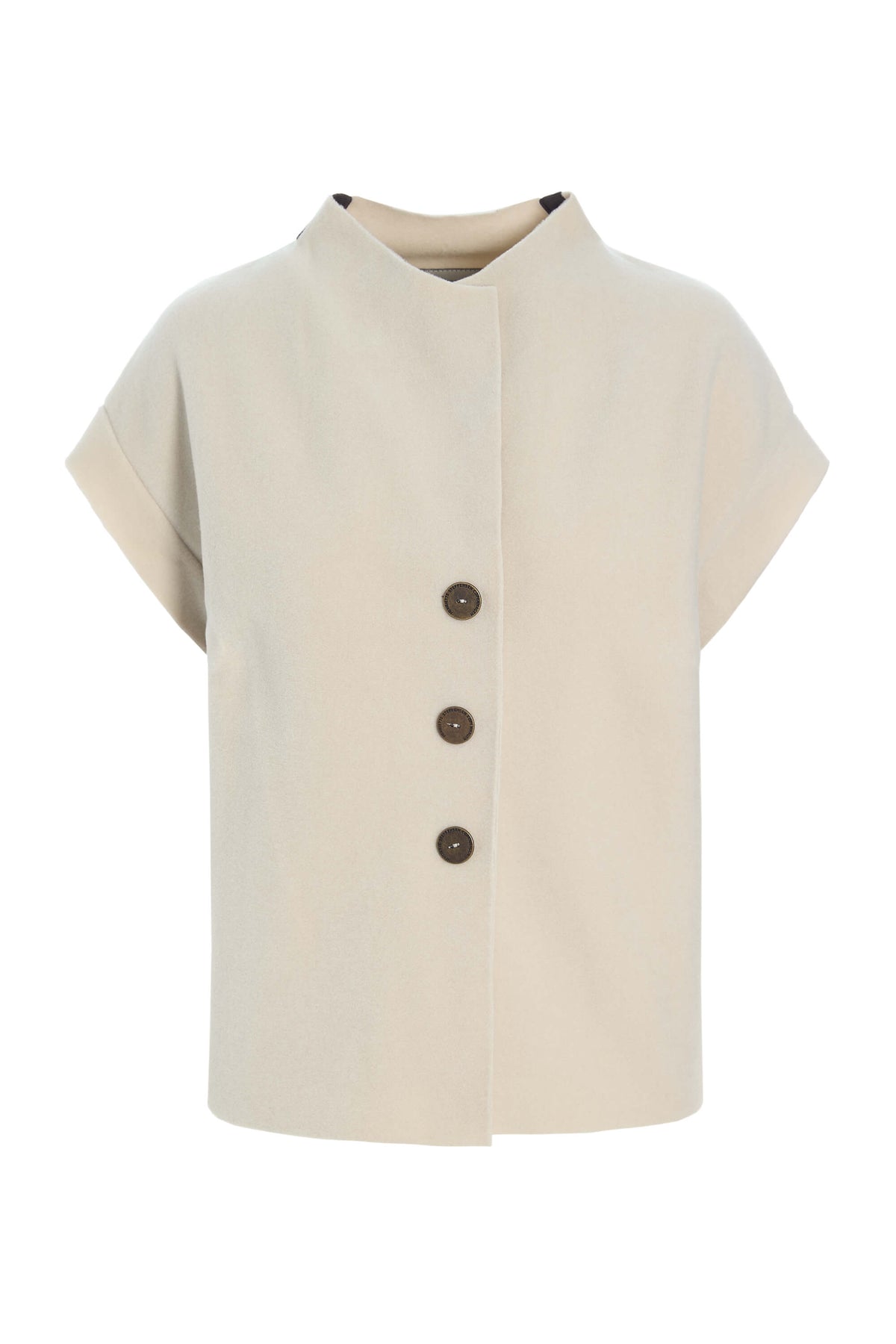A short-sleeved cream-colored top with a mock neck and three dark brown buttons down the front from Henriette Steffensen Copenhagen