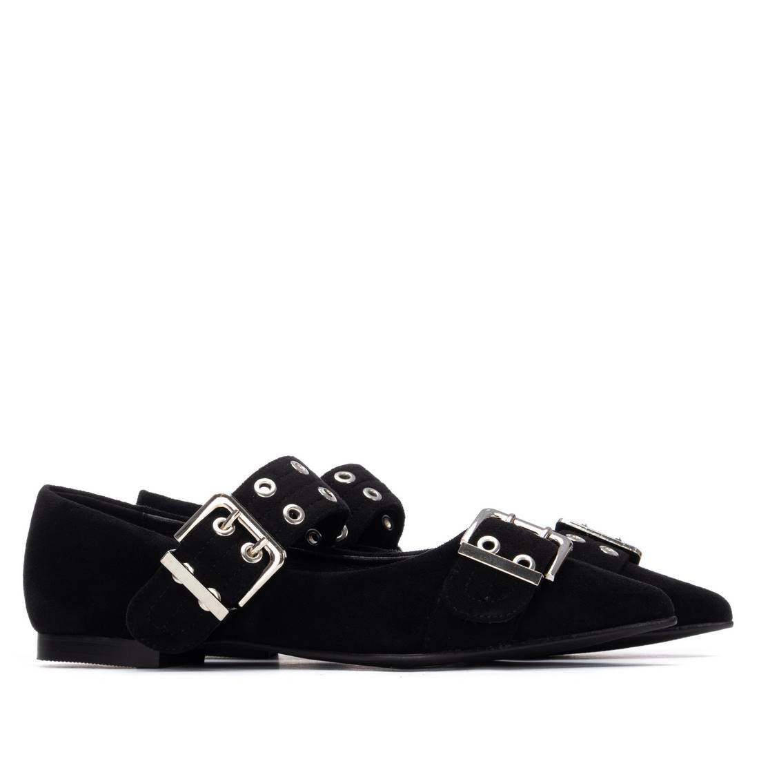Black suede shoes with silver buckles and eyelets