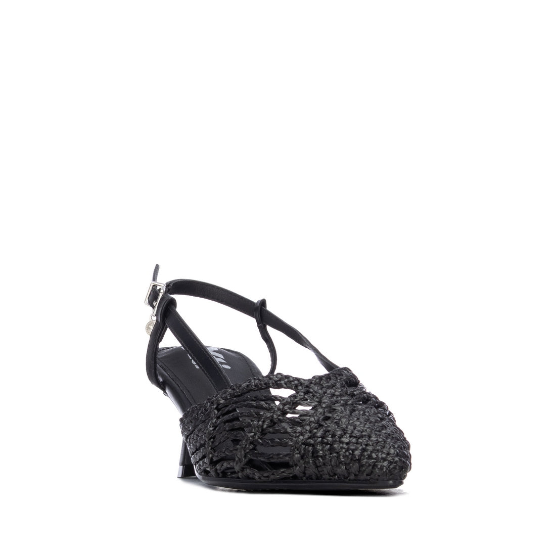 Black woven sandal with a pointy toe