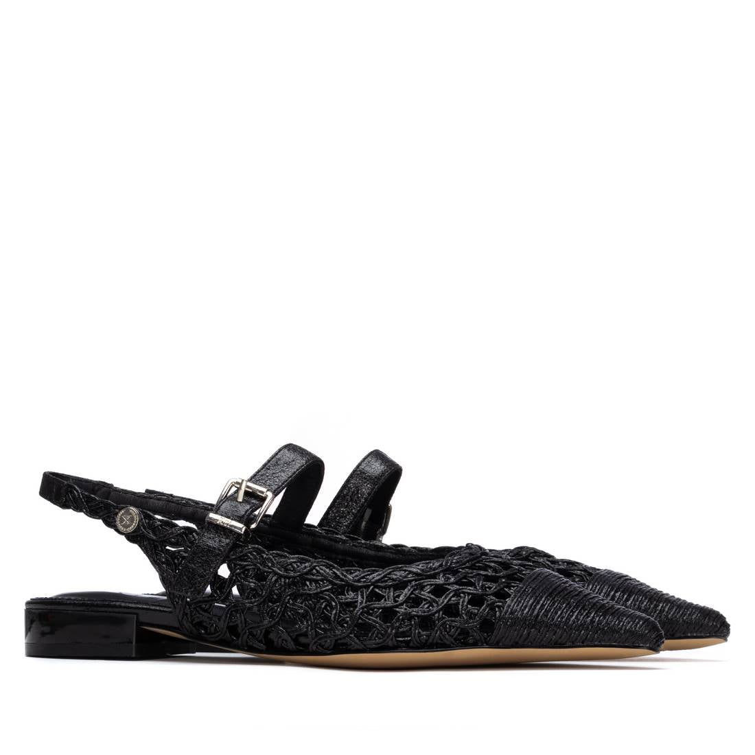 Black woven shoes with a strap