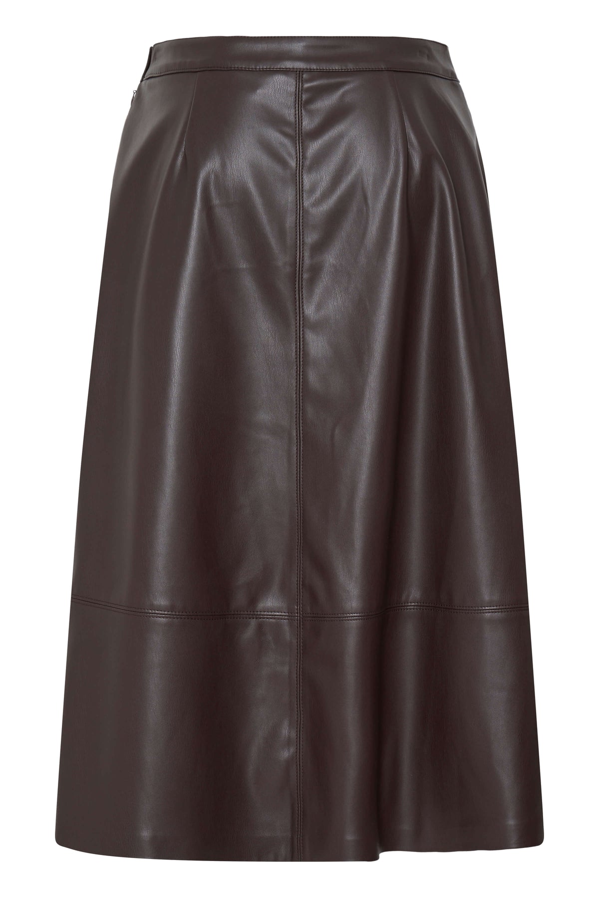 b.young Daja brown leather-look midi skirt shown from the back with clean panel construction
