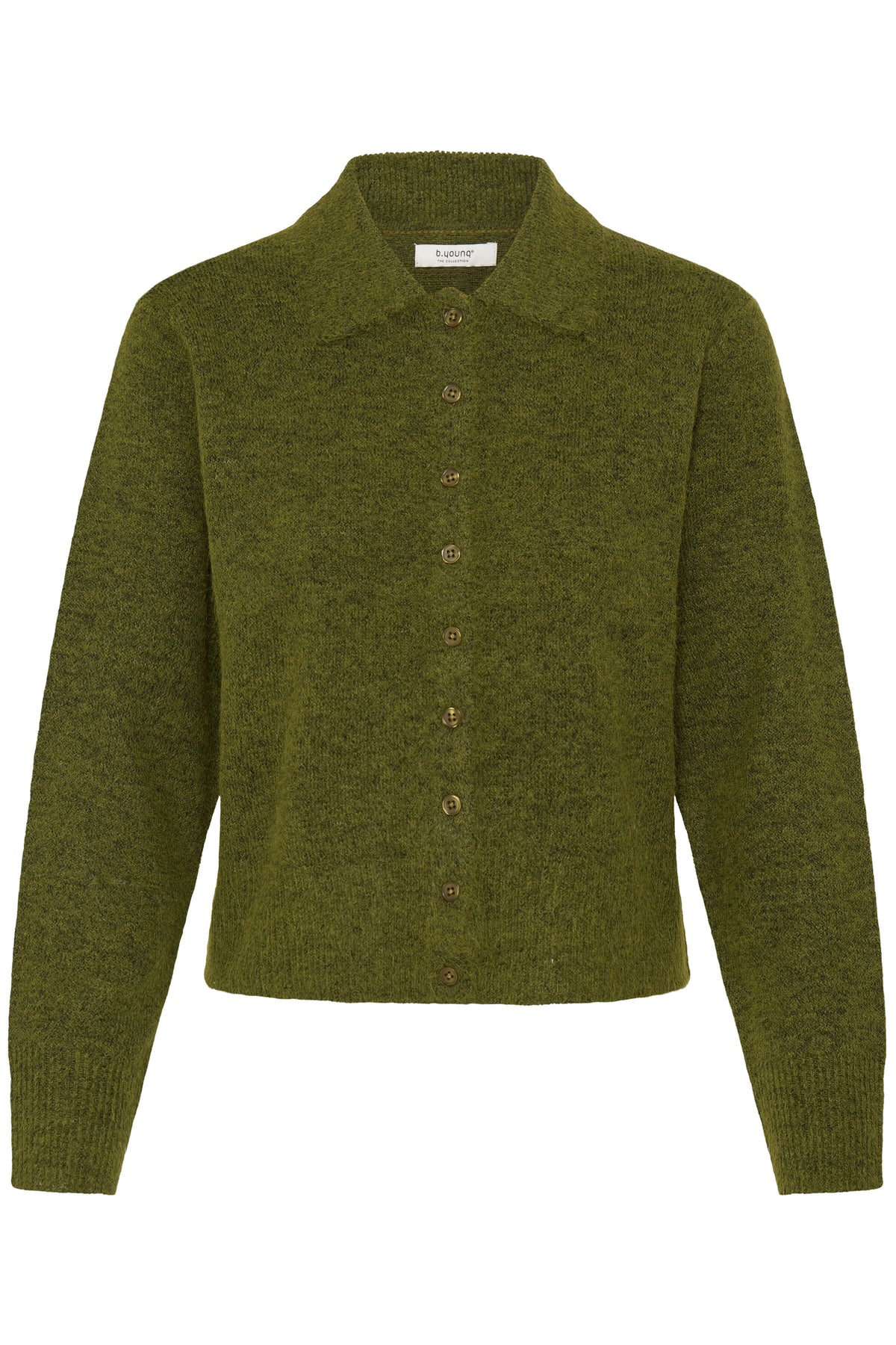 b.young Minua olive green cardigan front view with pointed collar and button fastening