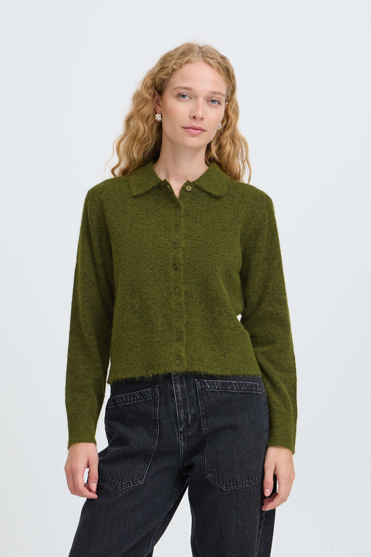 Front close-up of the b.young Minua olive green collared cardigan