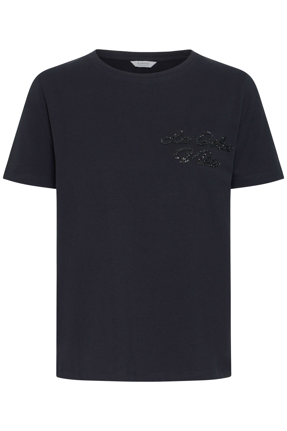 b.young Padinna T-shirt, dark navy short-sleeve crew-neck top with black sequin script chest detail, front view