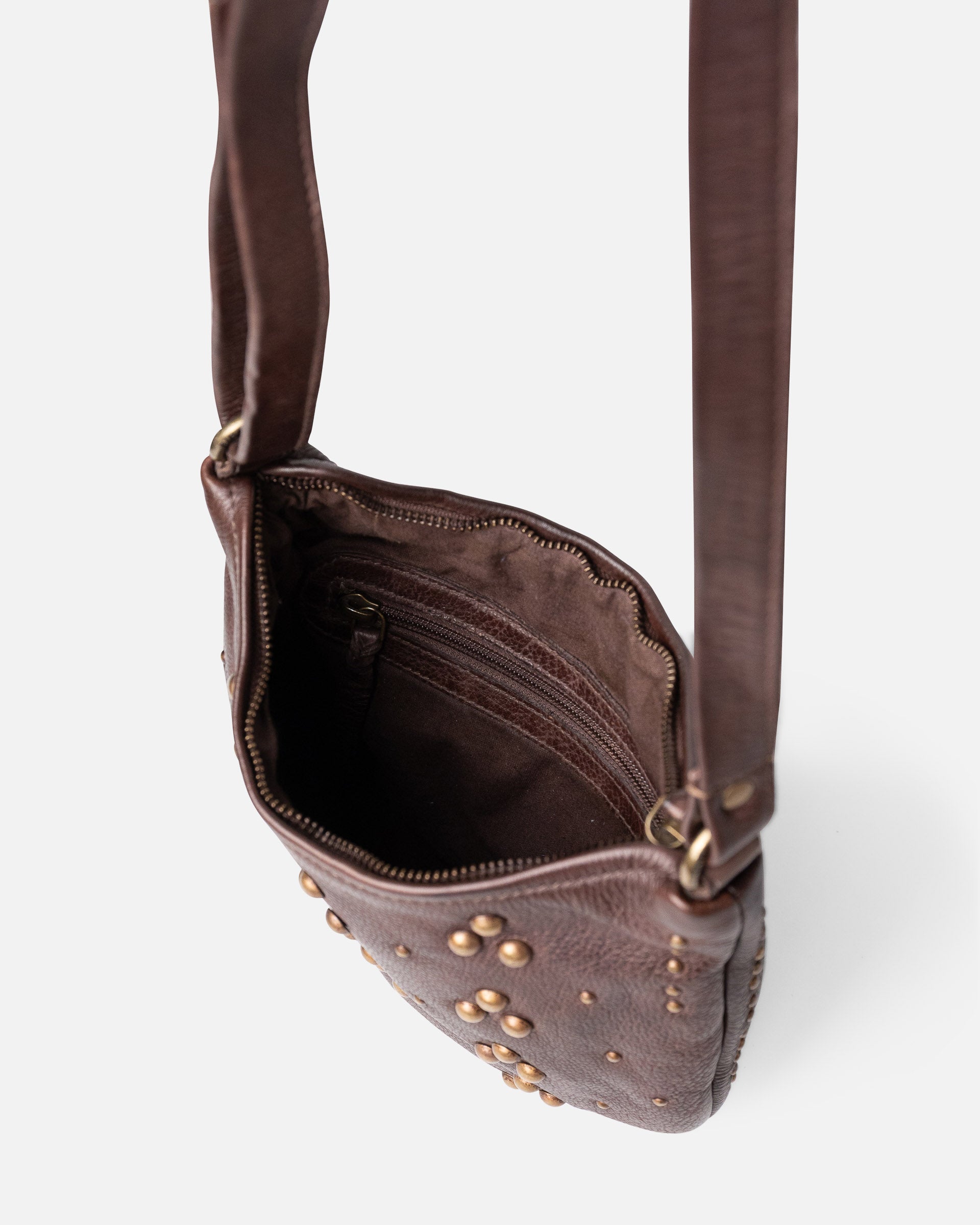 Srudded leather bag in chocolate brown