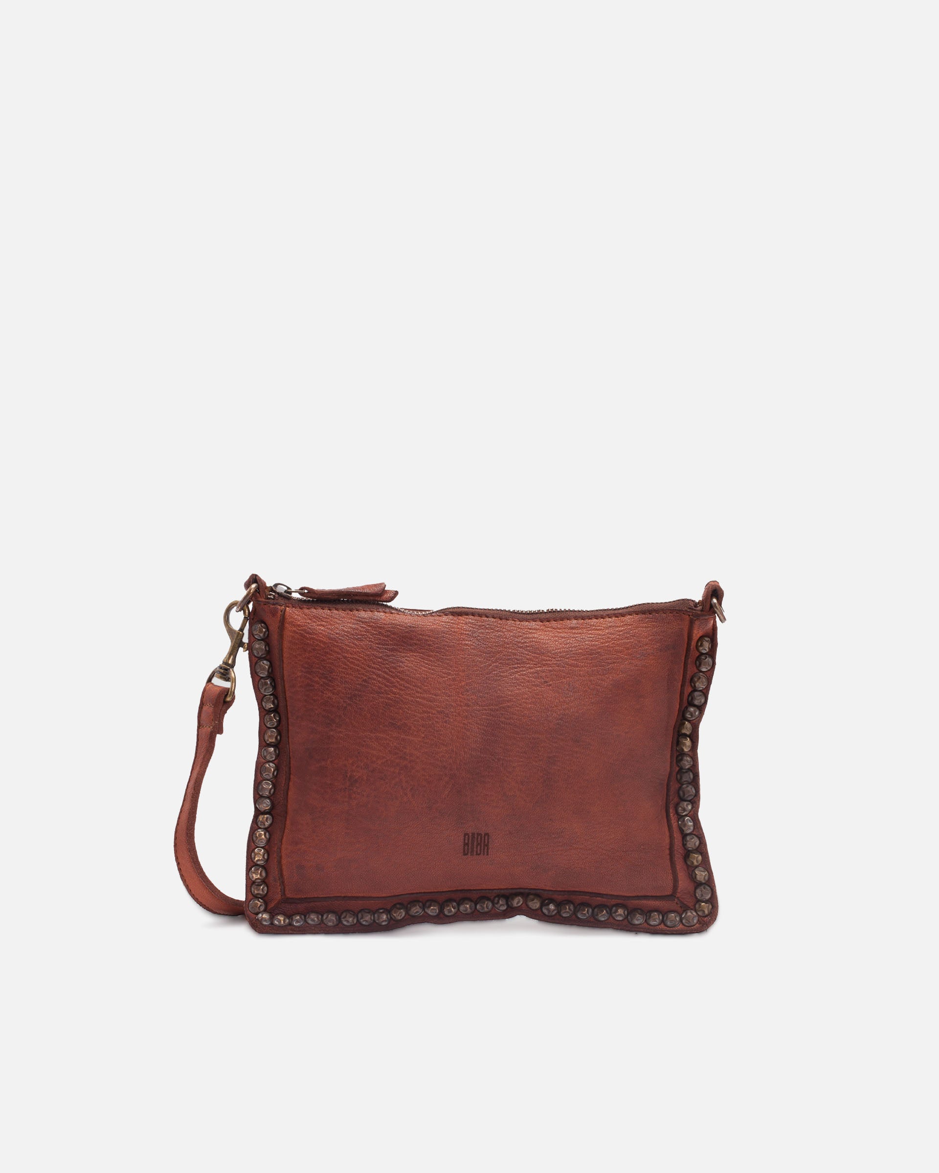 Tan leather crossbody bag with decorative studs