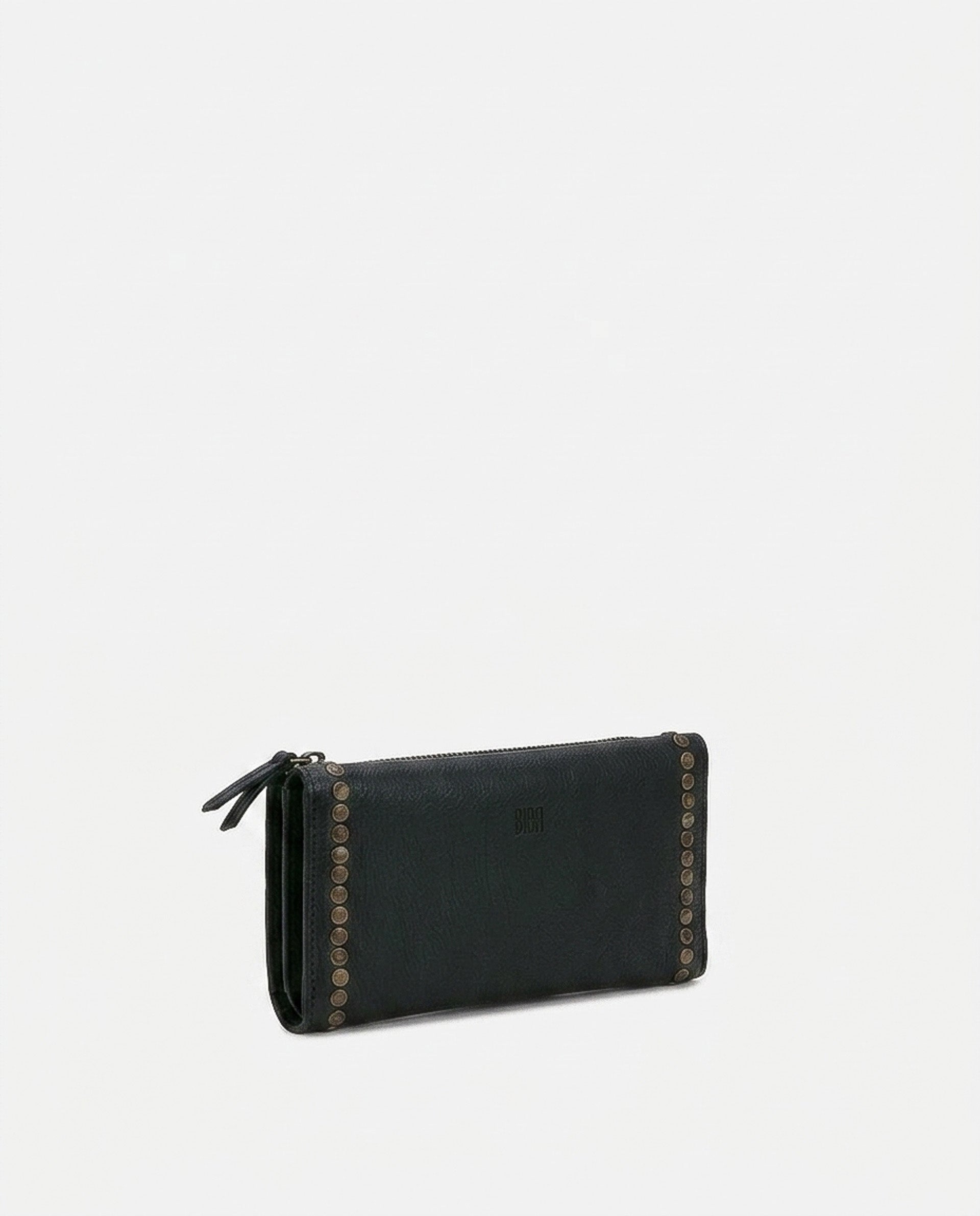 A black leather zip-around wallet with decorative gold-tone studs along the edges