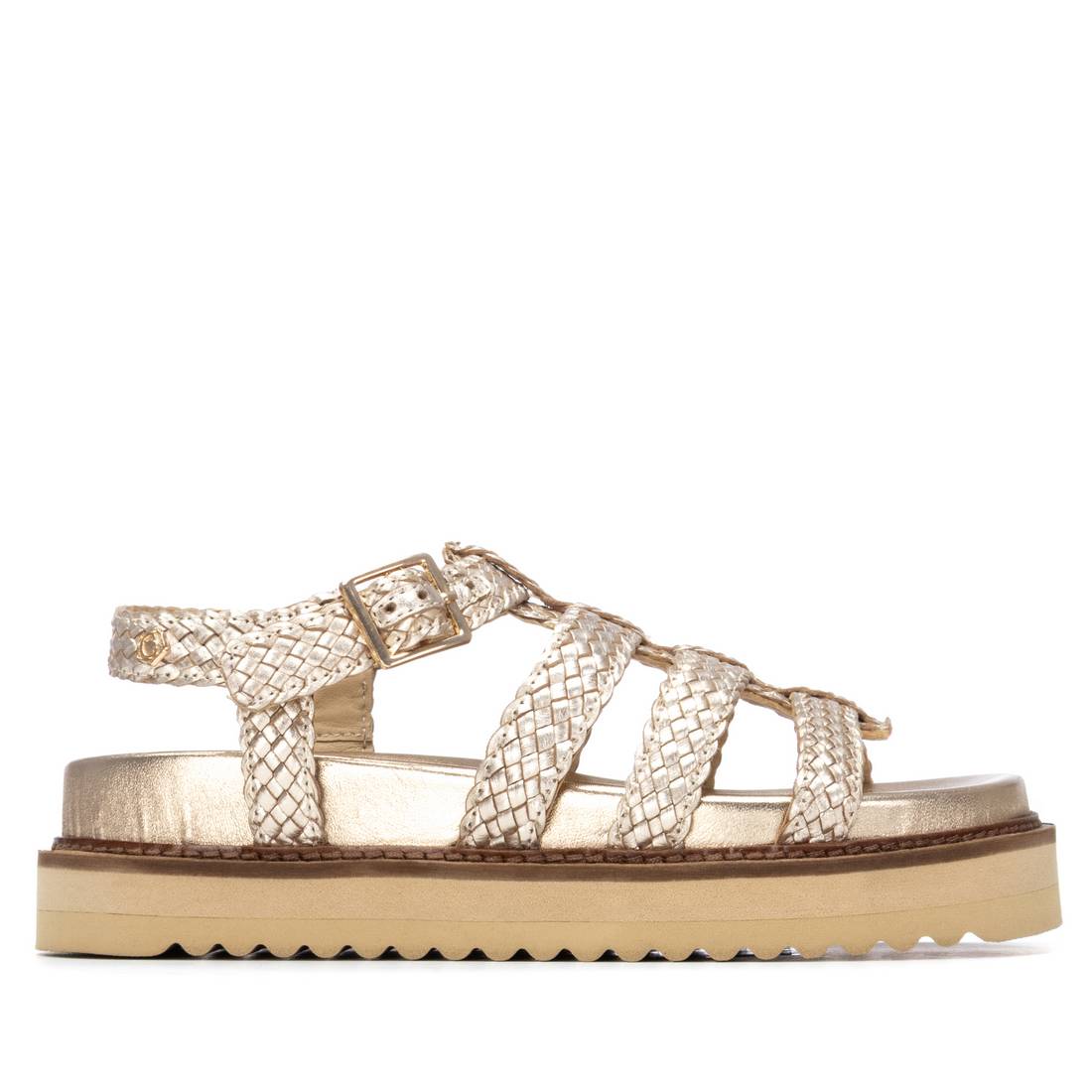 Gold platform sandal with woven straps