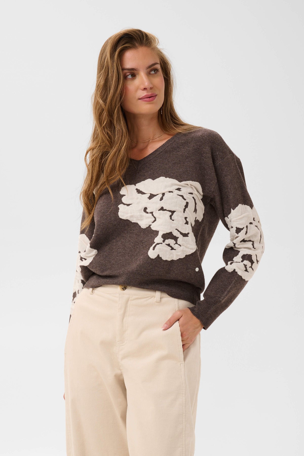 Cream Alley Floral Embroidered V-Neck Jumper style 10615672 front view
