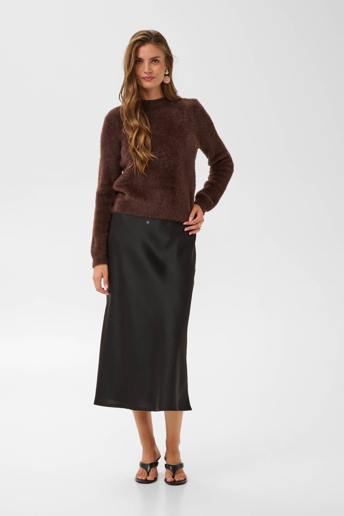Cream Inaya long-sleeve jumper in chocolate brown on model