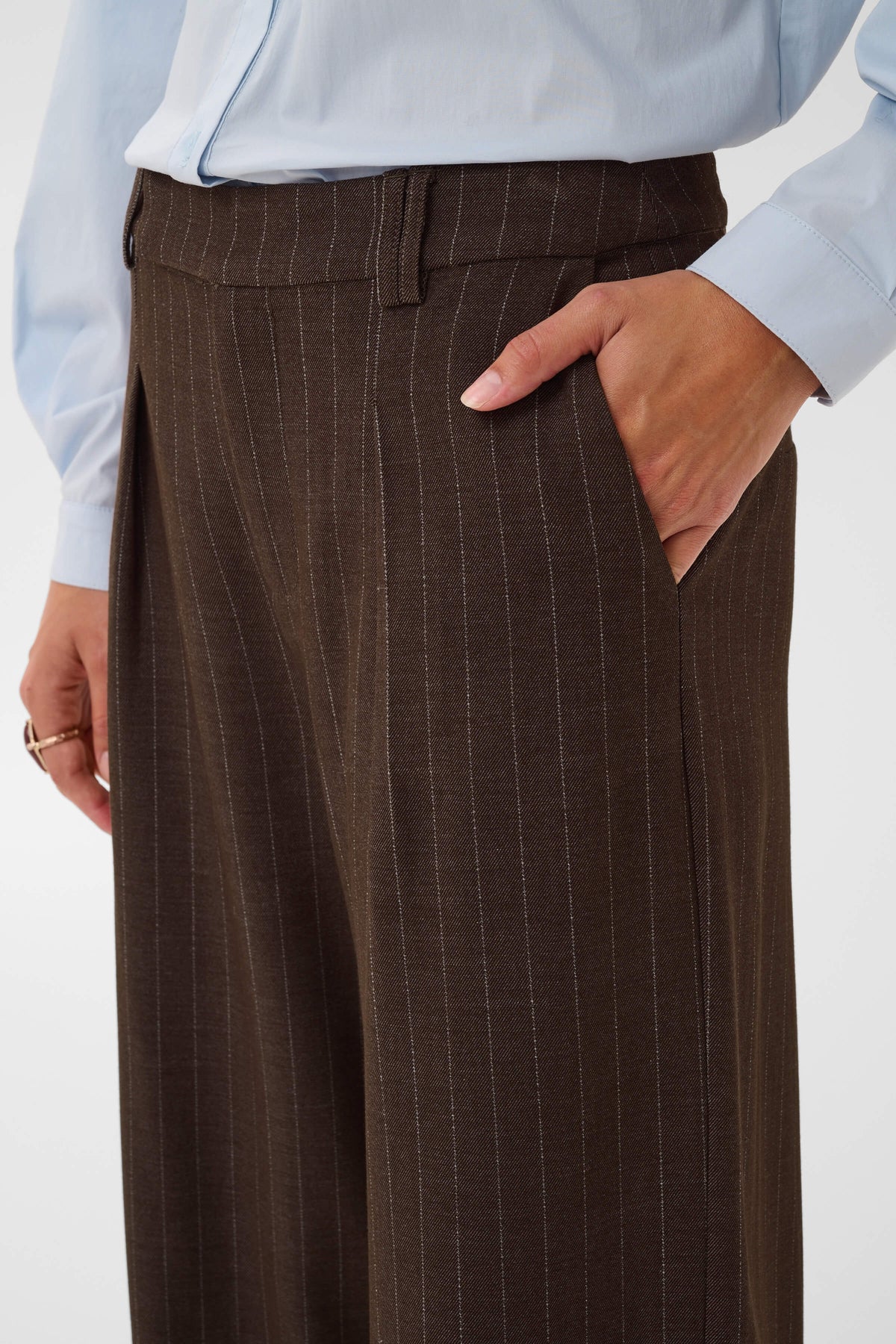 Cream Tingle high-waisted pinstripe trousers front view
