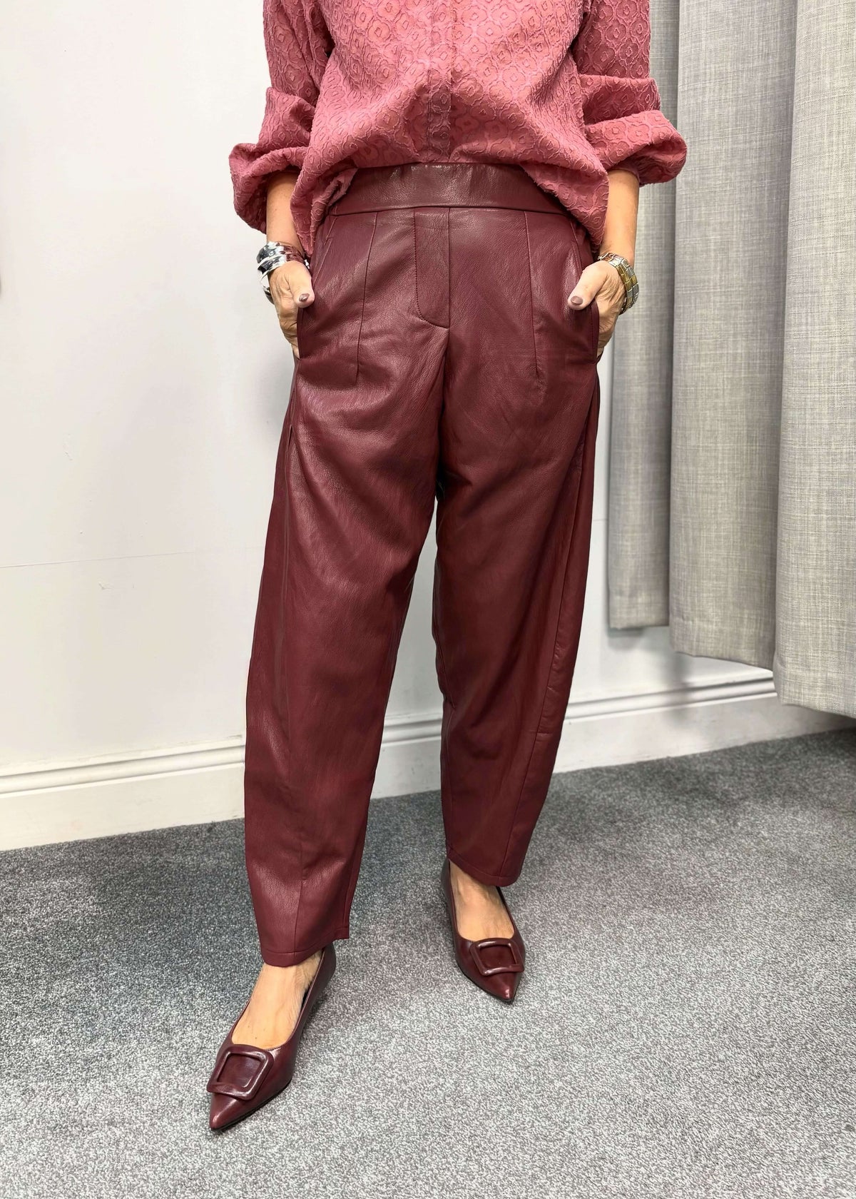 Darling faux leather trousers in berry - front view