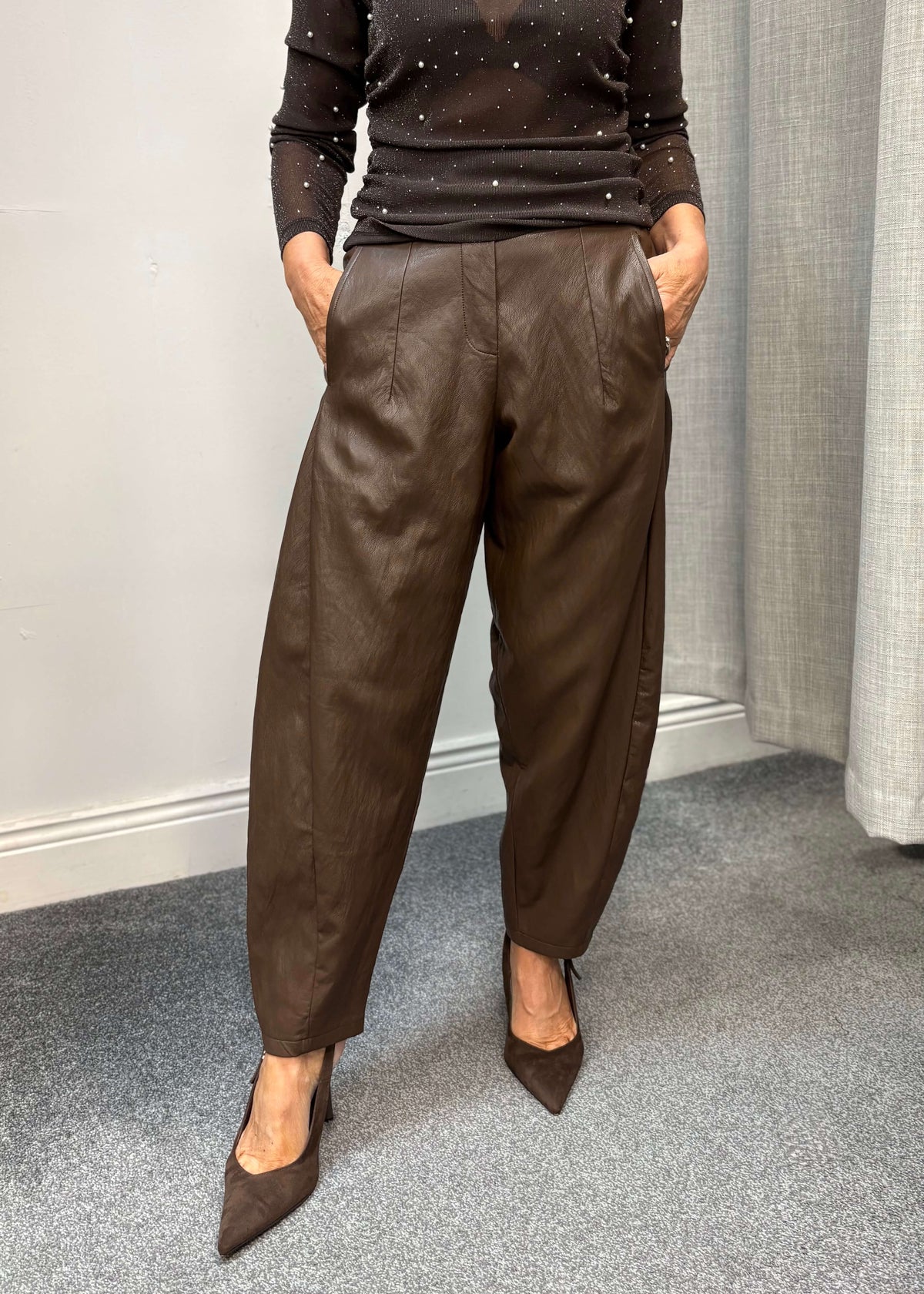 DARLING Faux Leather Barrel-Leg Trousers front view