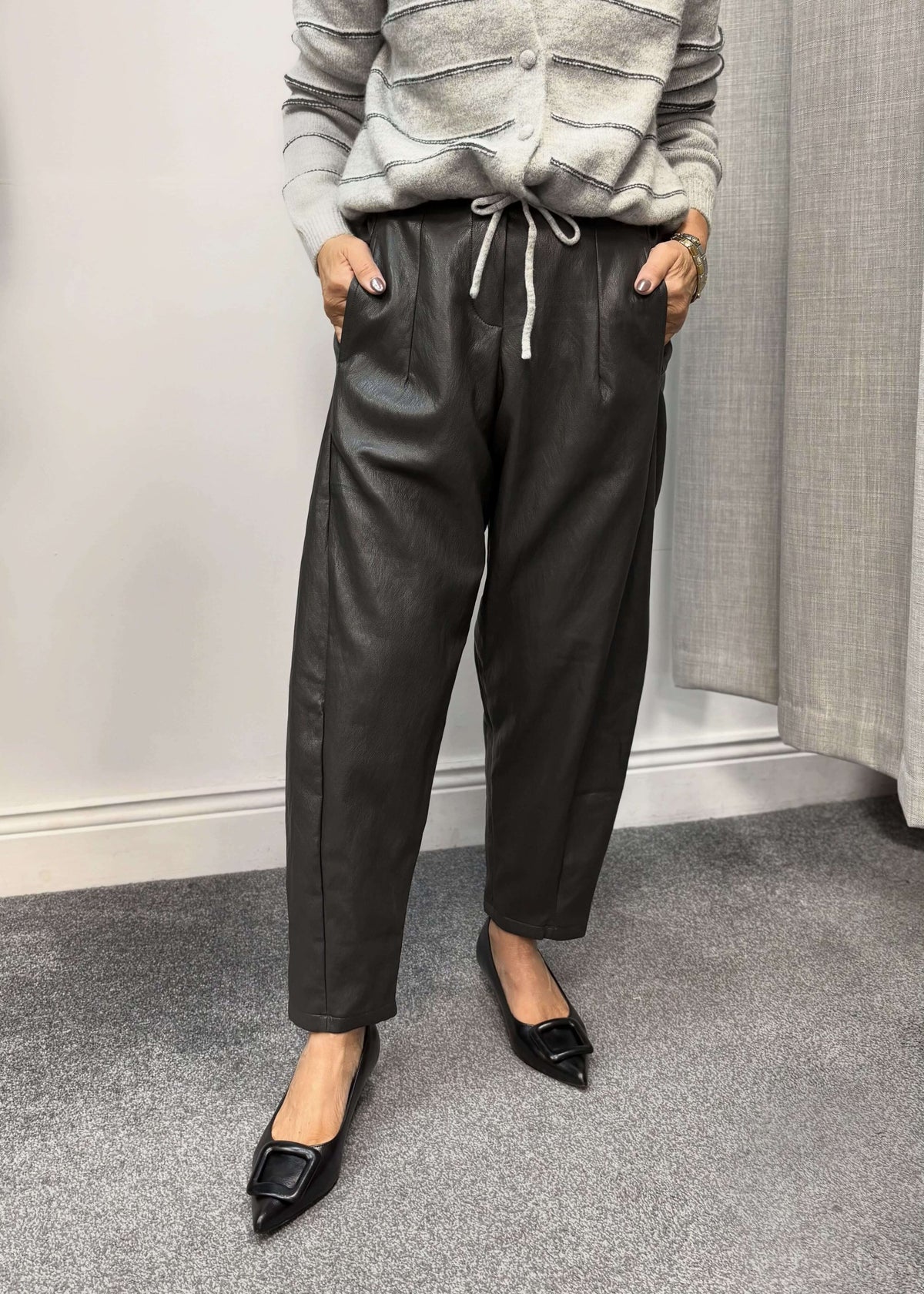 Darling faux leather trousers in grey - front view