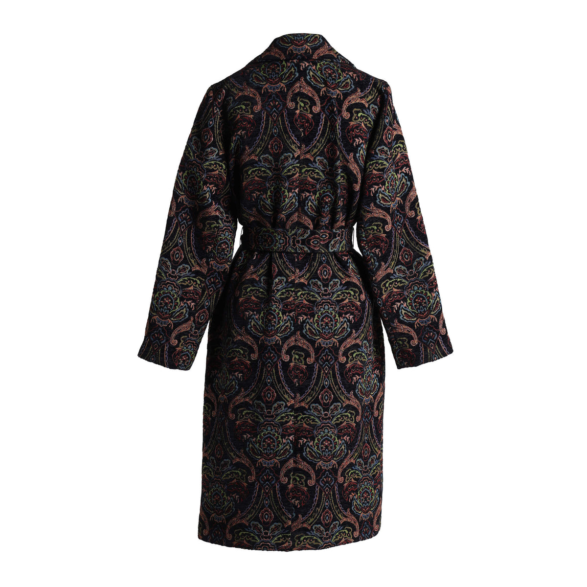 Back view of Emily Lovelock Deborah multicoloured paisley-patterned coat