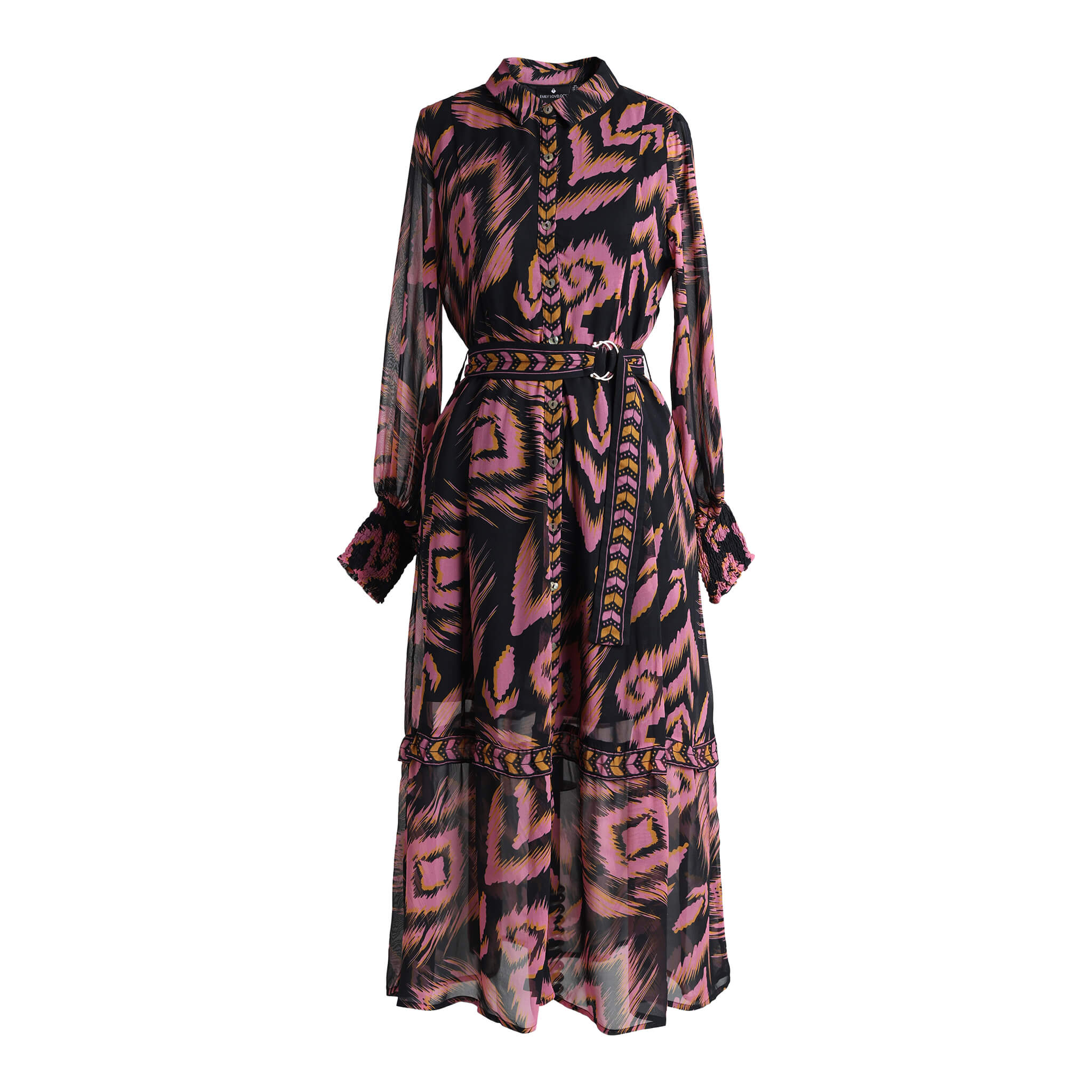 Emily Lovelock June abstract-print maxi dress with coordinating belt, front view