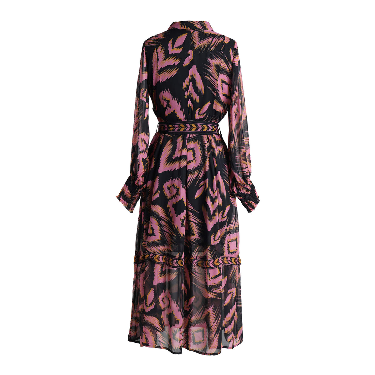 Back view of Emily Lovelock June black, pink and mustard maxi dress