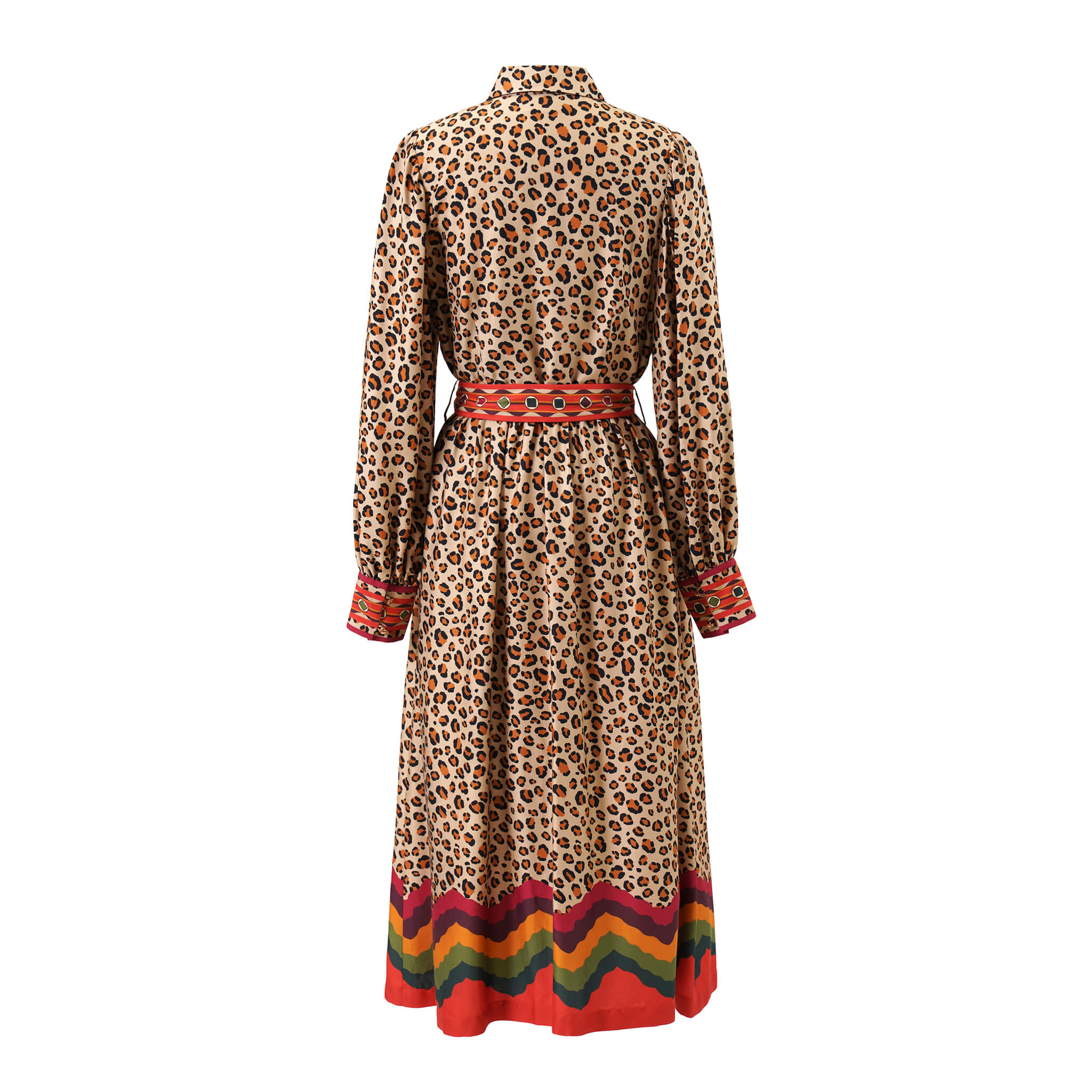 Back view of Emily Lovelock Kendal leopard-print long-sleeved maxi dress