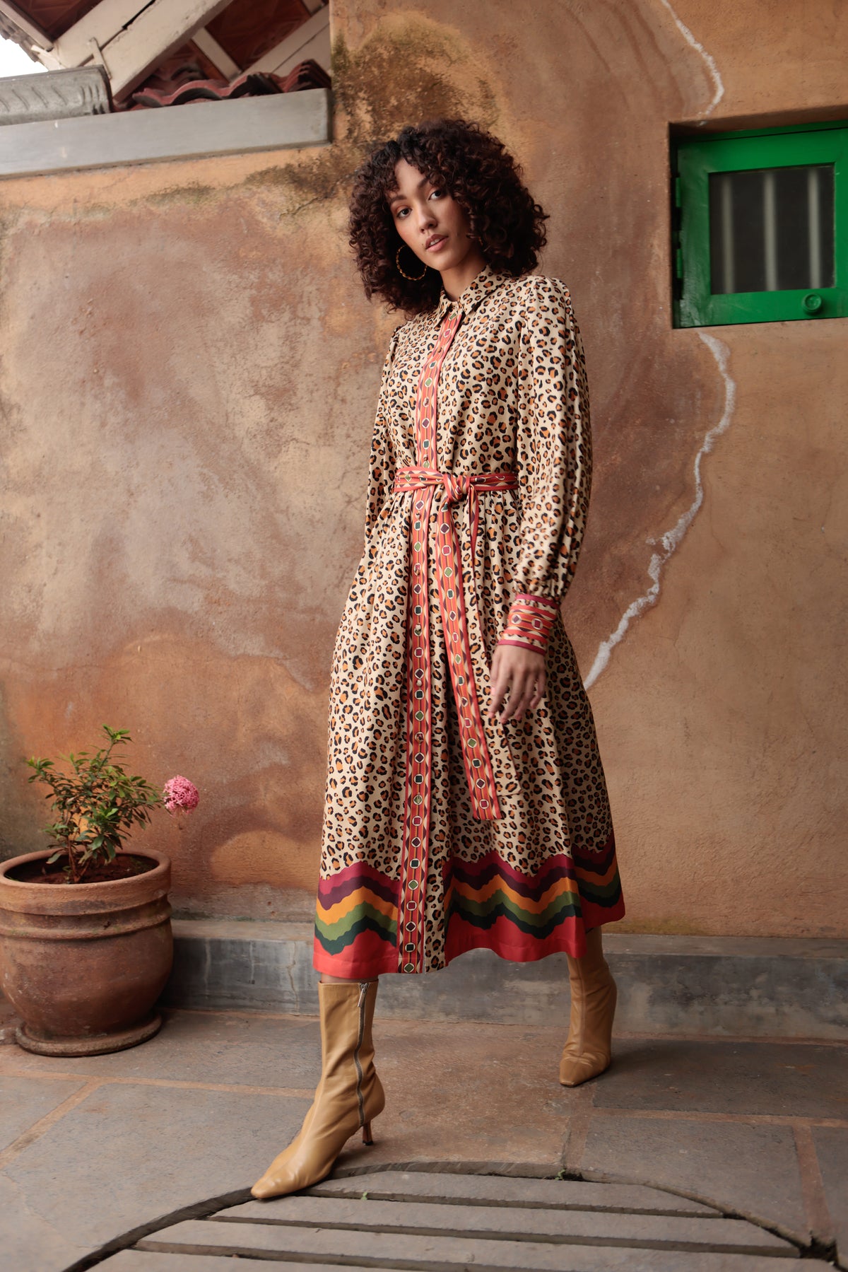 Emily Lovelock Kendal leopard-print belted maxi dress with long sleeve