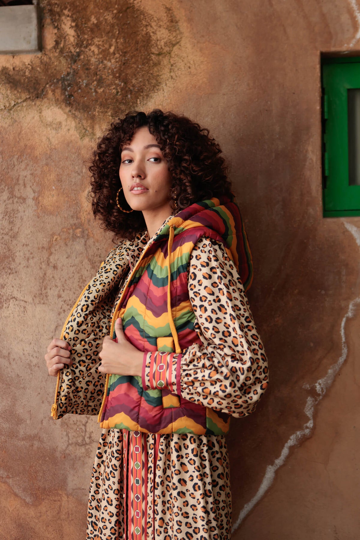 Emily Lovelock printed quilted gilet styled on model