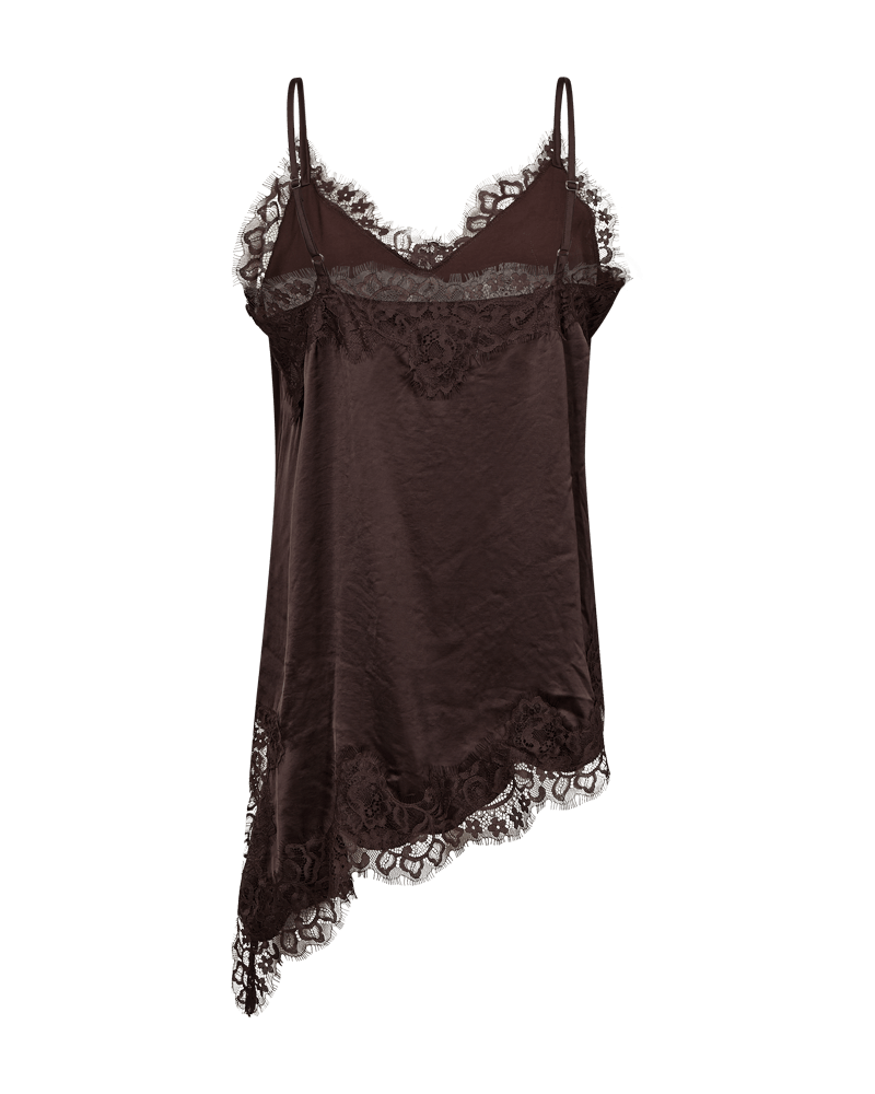 Back view of the Freequent Dove Top with lace-trimmed neckline