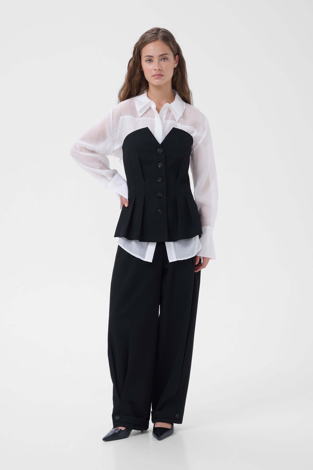 My Essential Wardrobe Evelina top layered over a white shirt