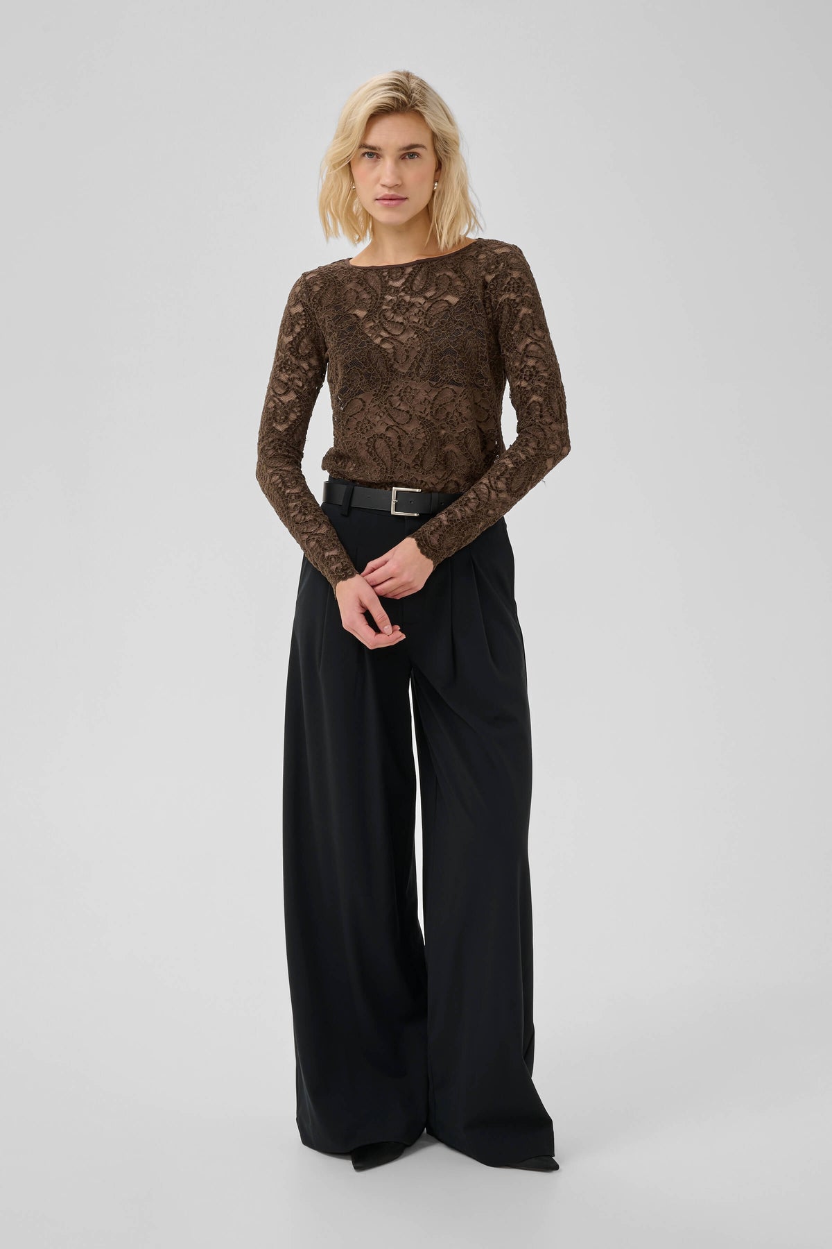 My Essential Wardrobe floral lace blouse on model