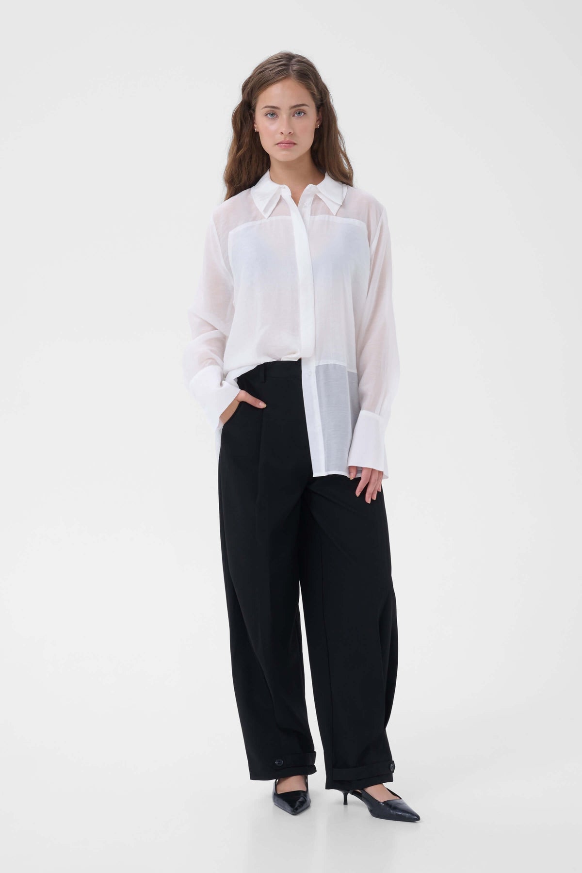 My Essential Wardrobe Smilla TENCEL™-blend shirt styled with wide-leg trousers
