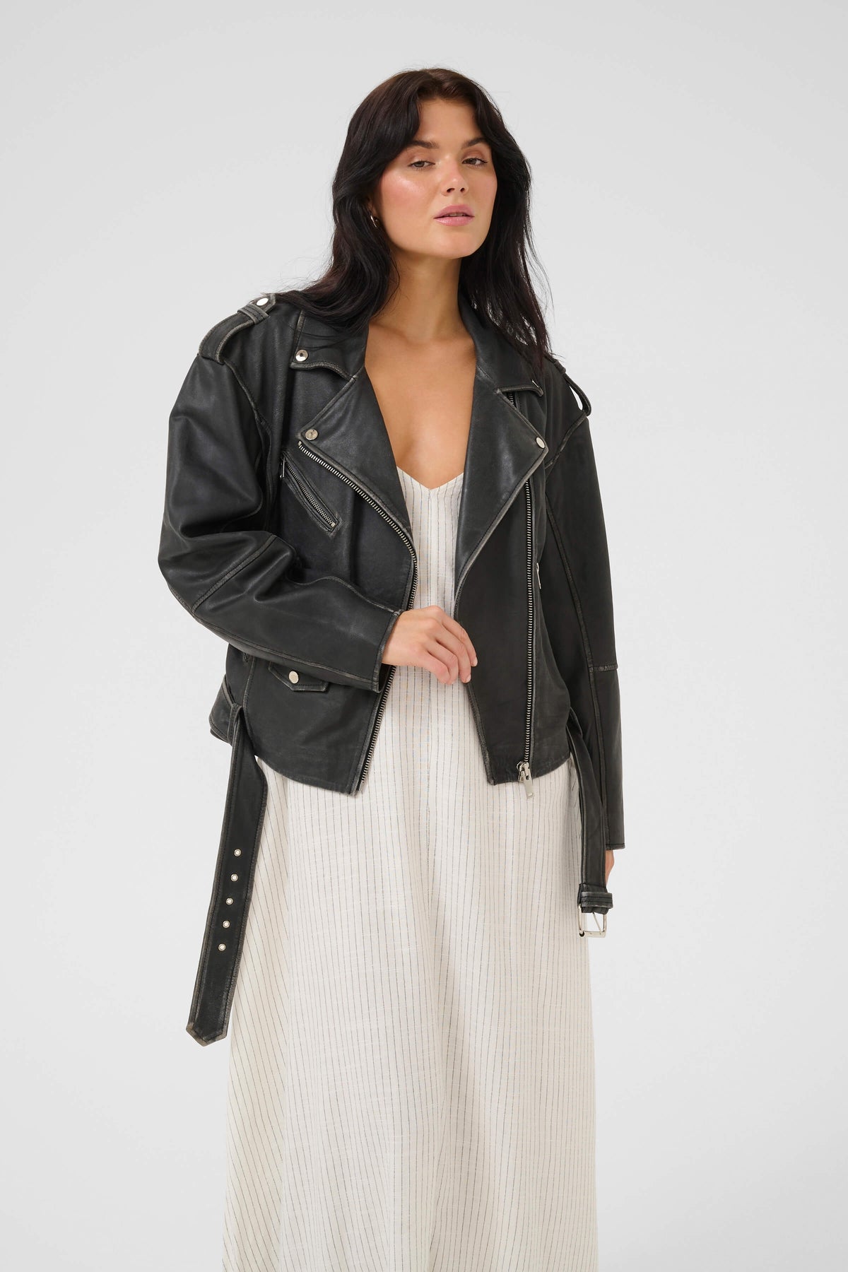 Gilo women’s biker jacket with boxy silhouette and metal zip details