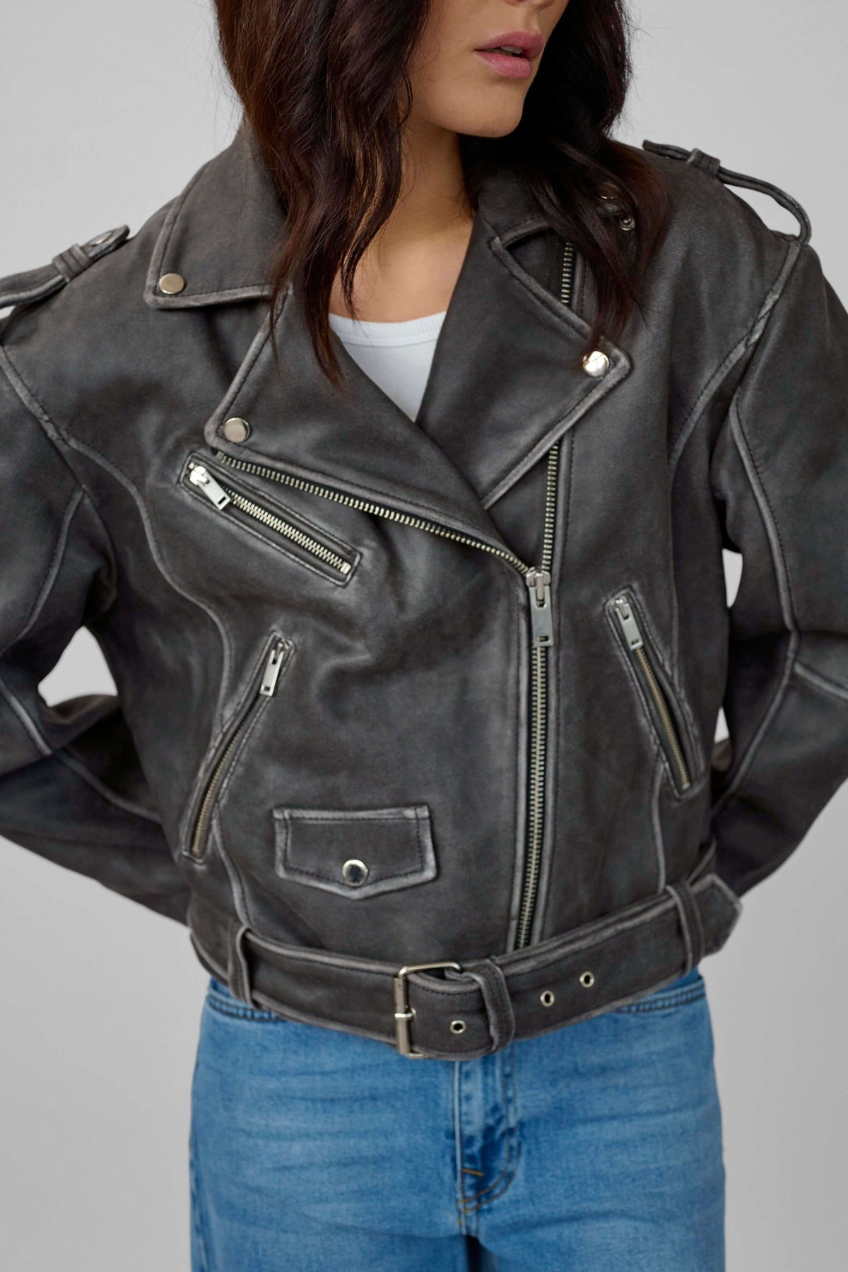 My Essential Wardrobe Gilo leather biker jacket with belted waist