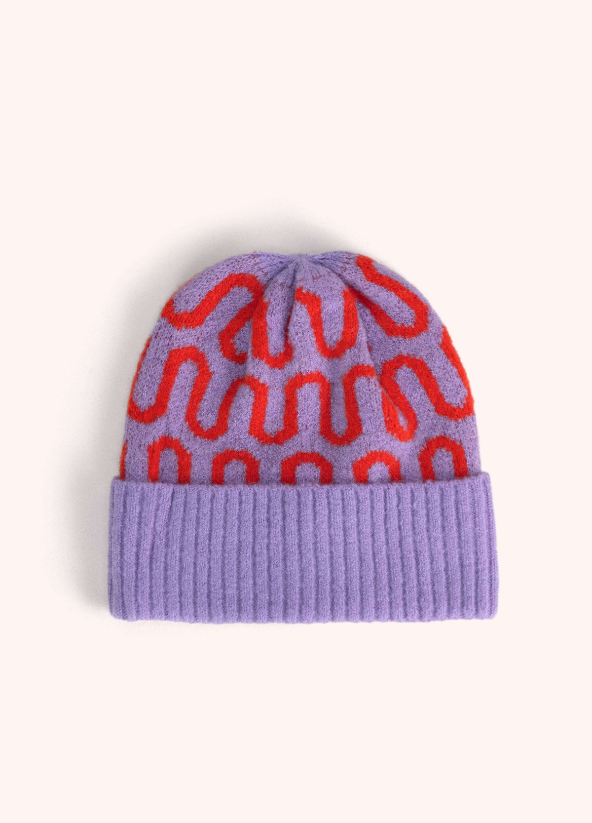 Powder Luna Beanie with red squiggle design