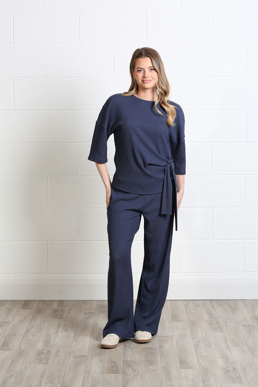 Rant & Rave Freya textured co-ord with a tie-side top and wide-leg trousers