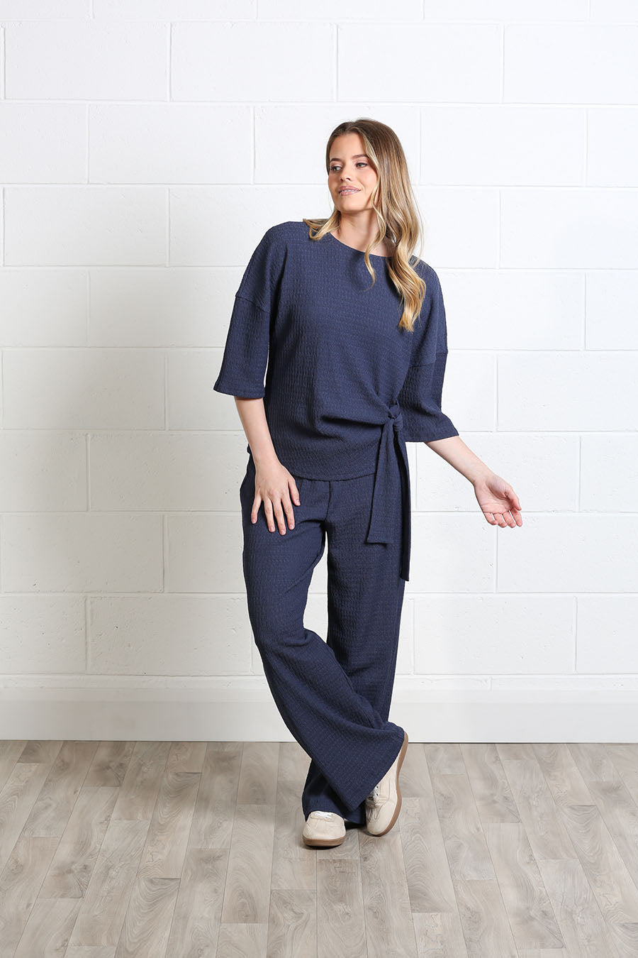 Front view of the Freya round-neck top with three-quarter sleeves