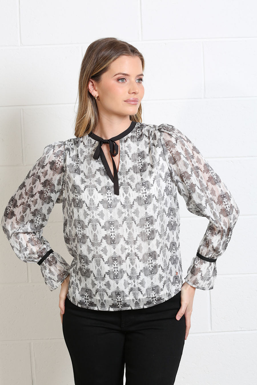 Rant & Rave Maria printed blouse with a self-tie keyhole neckline