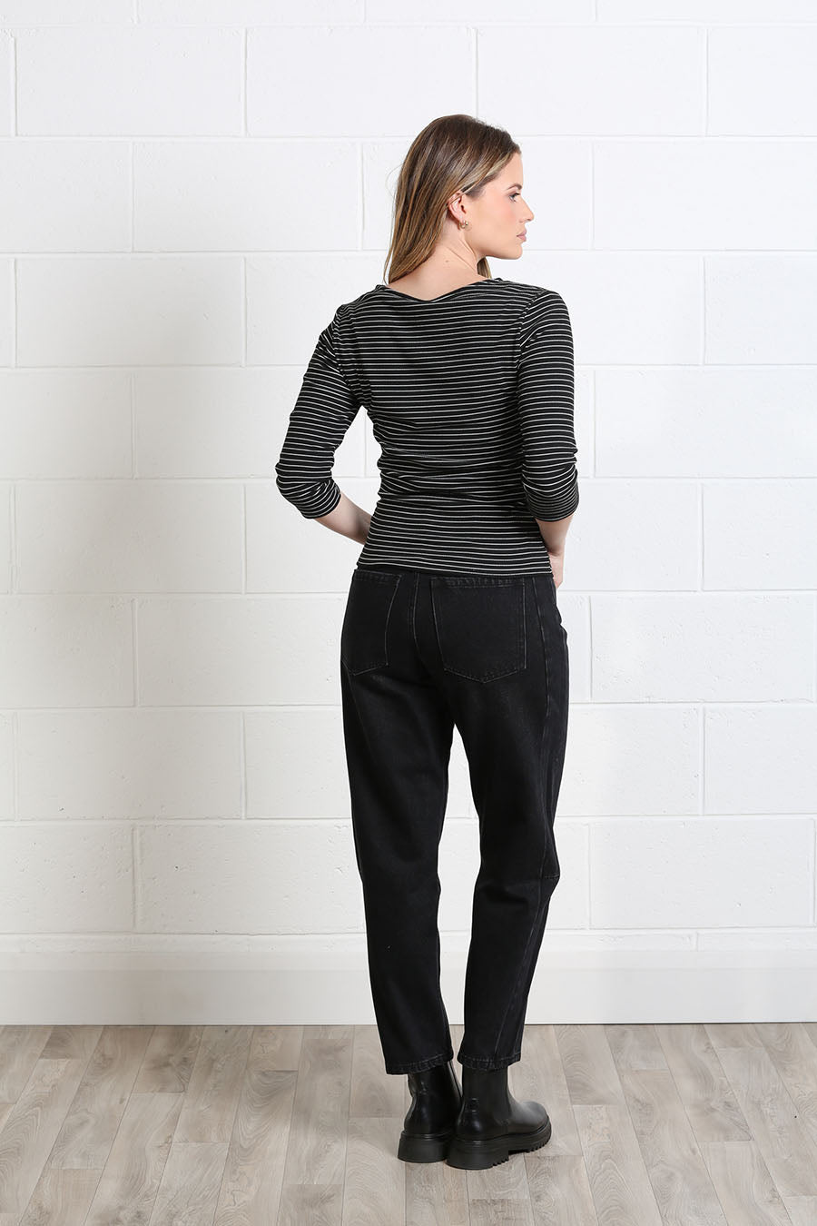 Model wearing the Rant & Rave Molly striped top with trousers