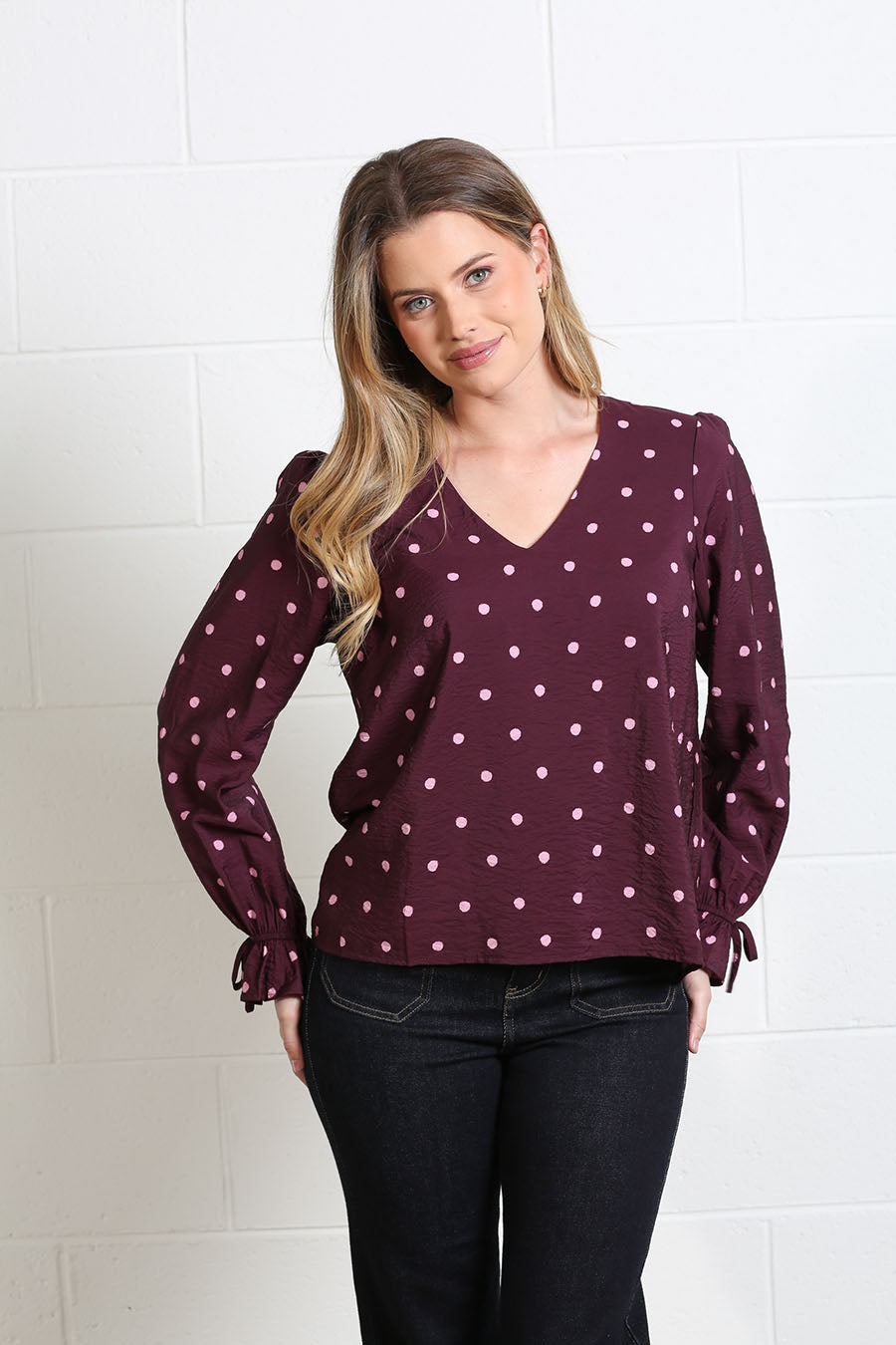 Rant & Rave Sophia polka-dot top with a flattering V-neckline