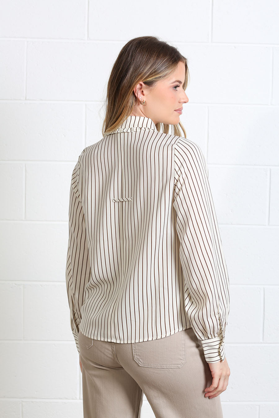 Rear view of the relaxed-fit Stella striped shirt by Rant & Rave
