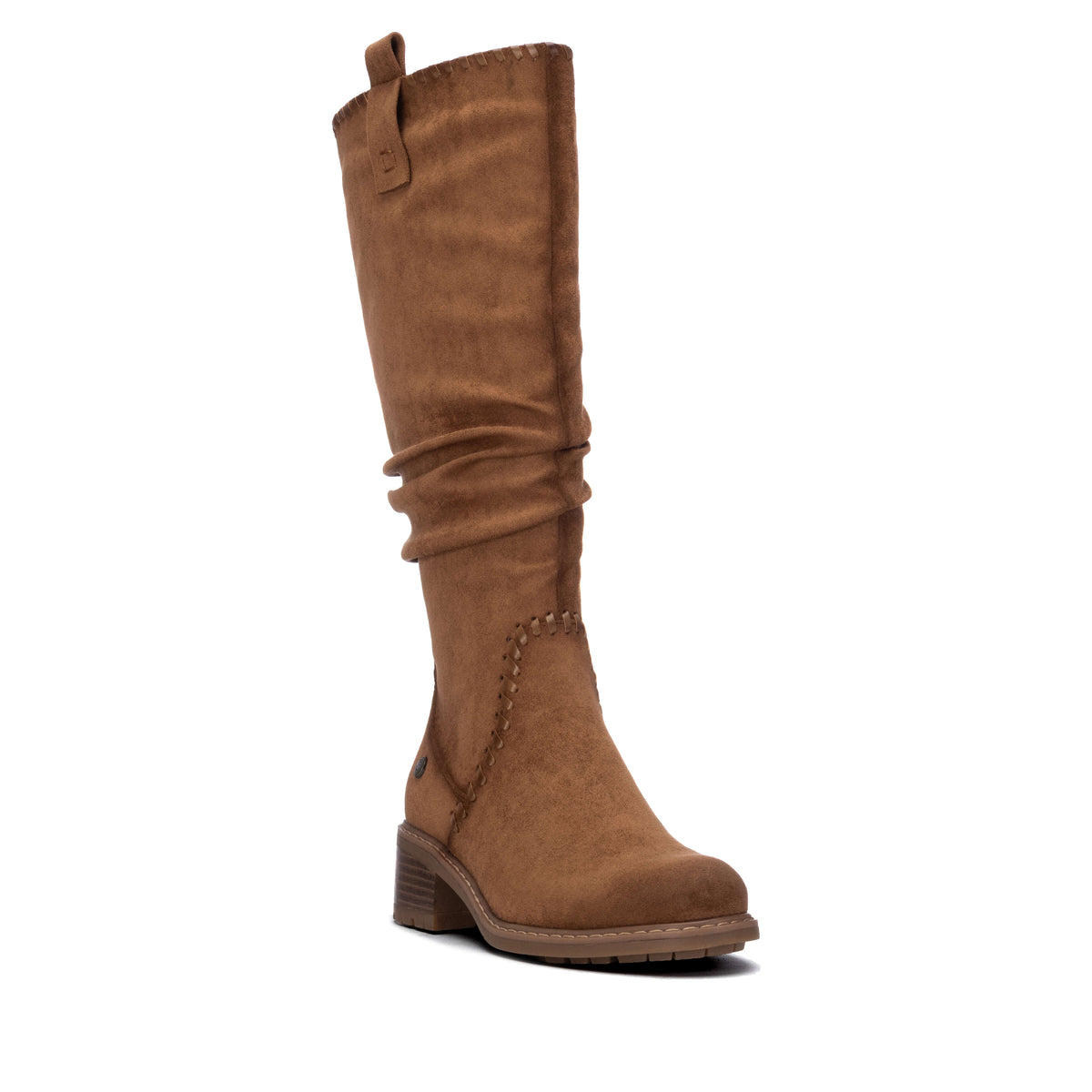 Refresh suede-look knee-high boots with decorative whipstitch detailing