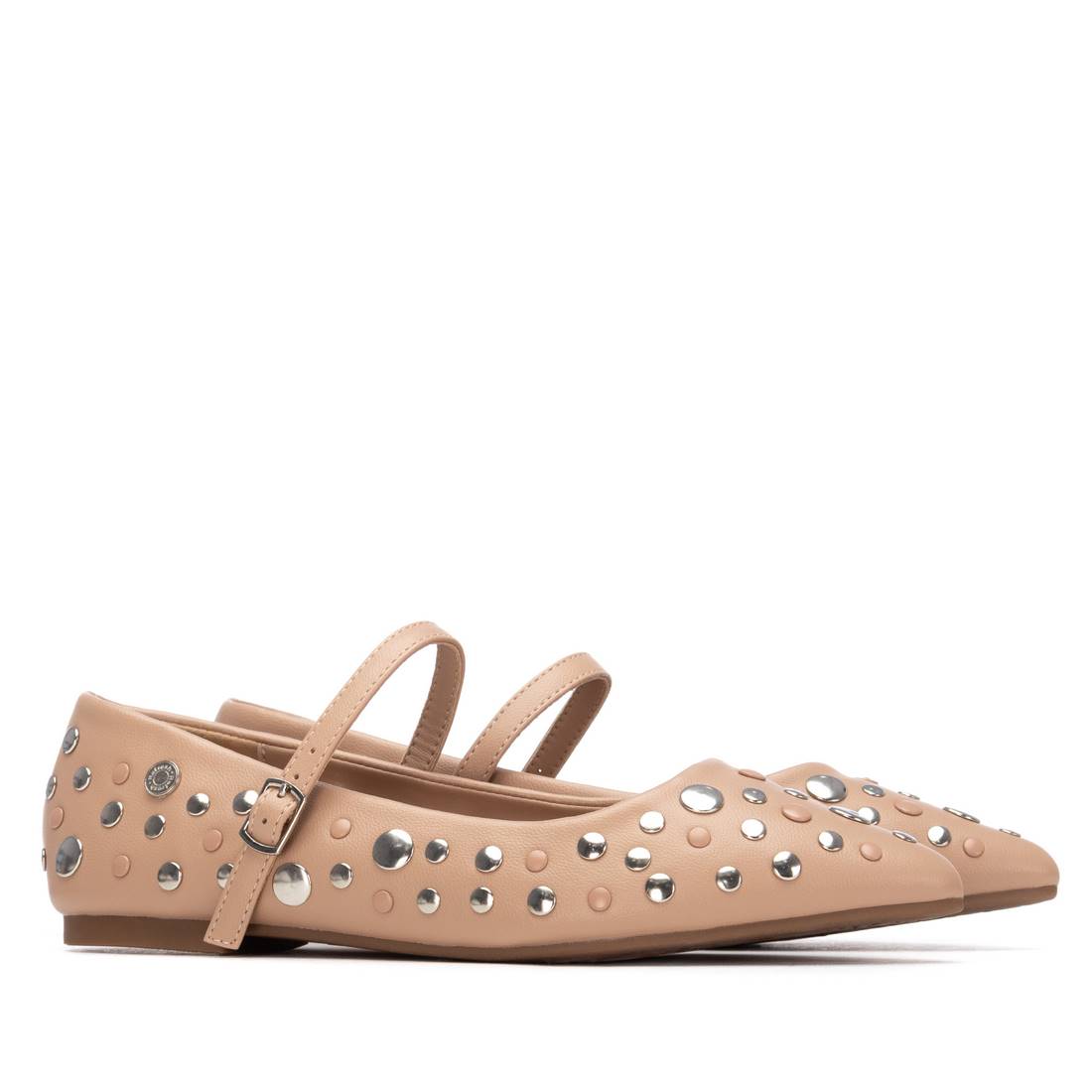 A pair of neutral ballerina flats with silver studs