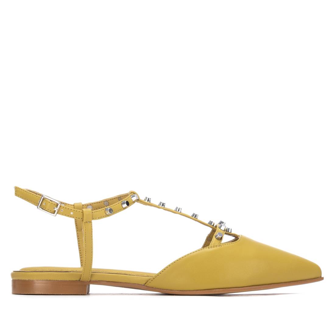 Yellow pointy toe shoes with studded details