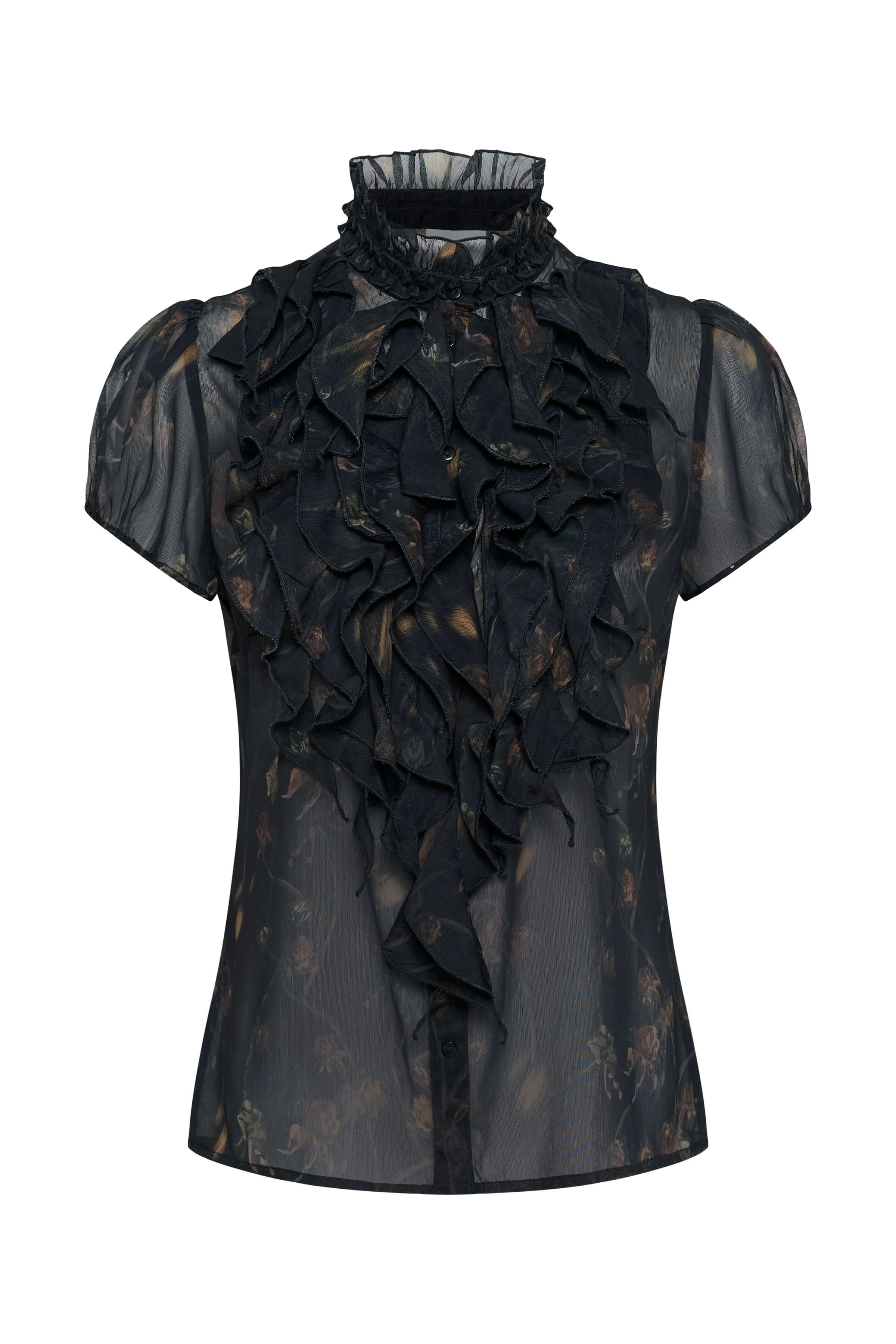 Saint Tropez blouse with gathered sleeves and cascading ruffles