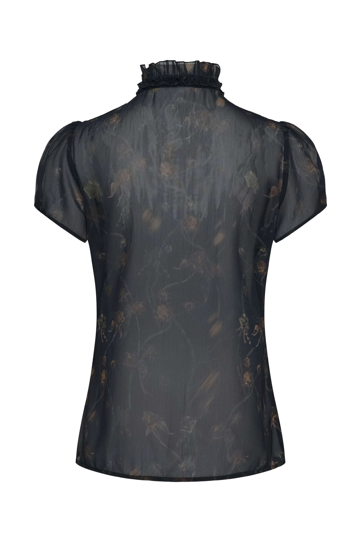 Women’s floral-print blouse with a high ruffled neckline