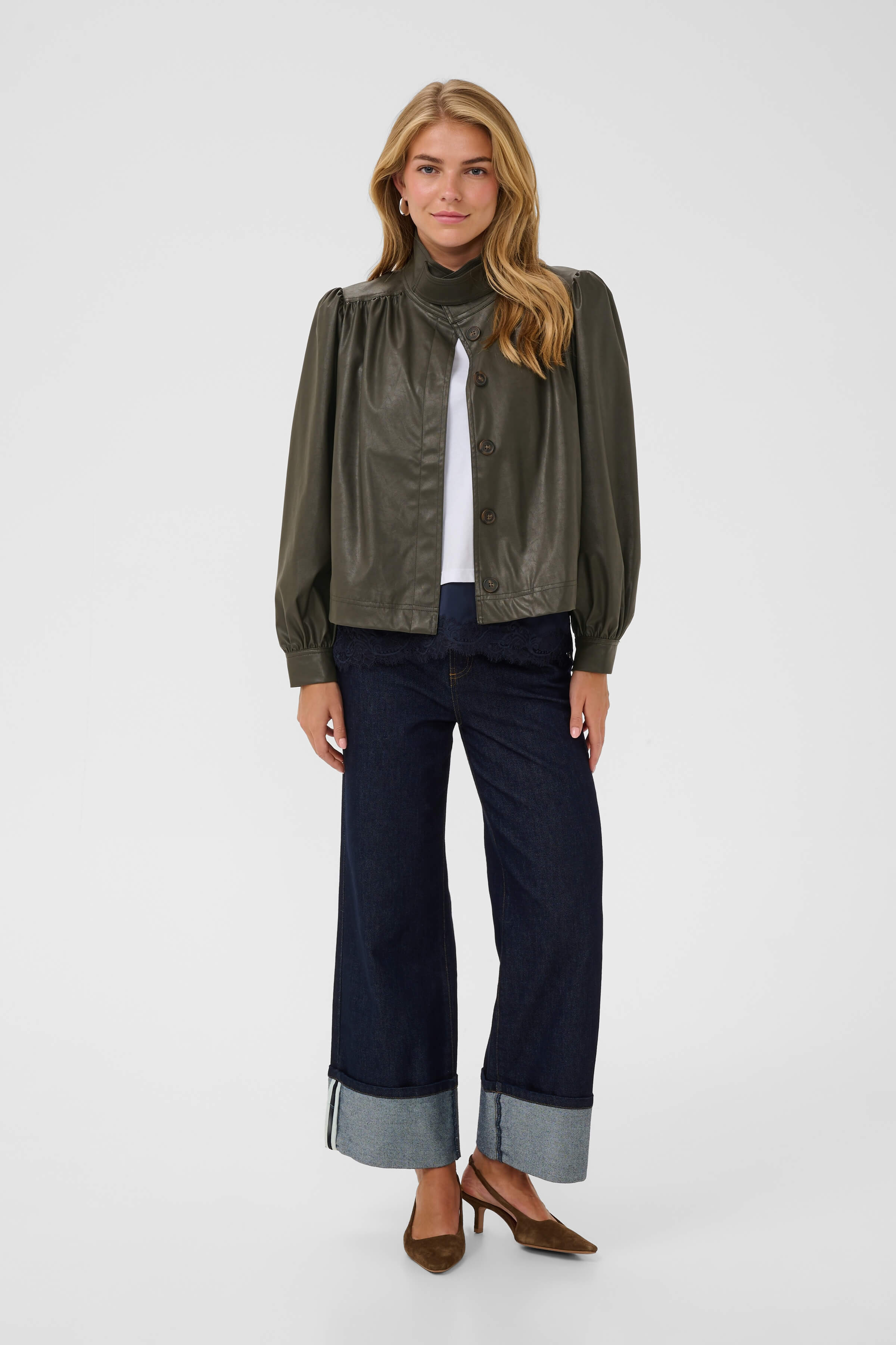 Women’s leather-look jacket with concealed button fastening