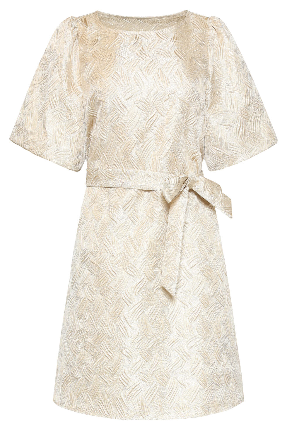 Front view of the Smashed Lemon A-line dress with waist tie