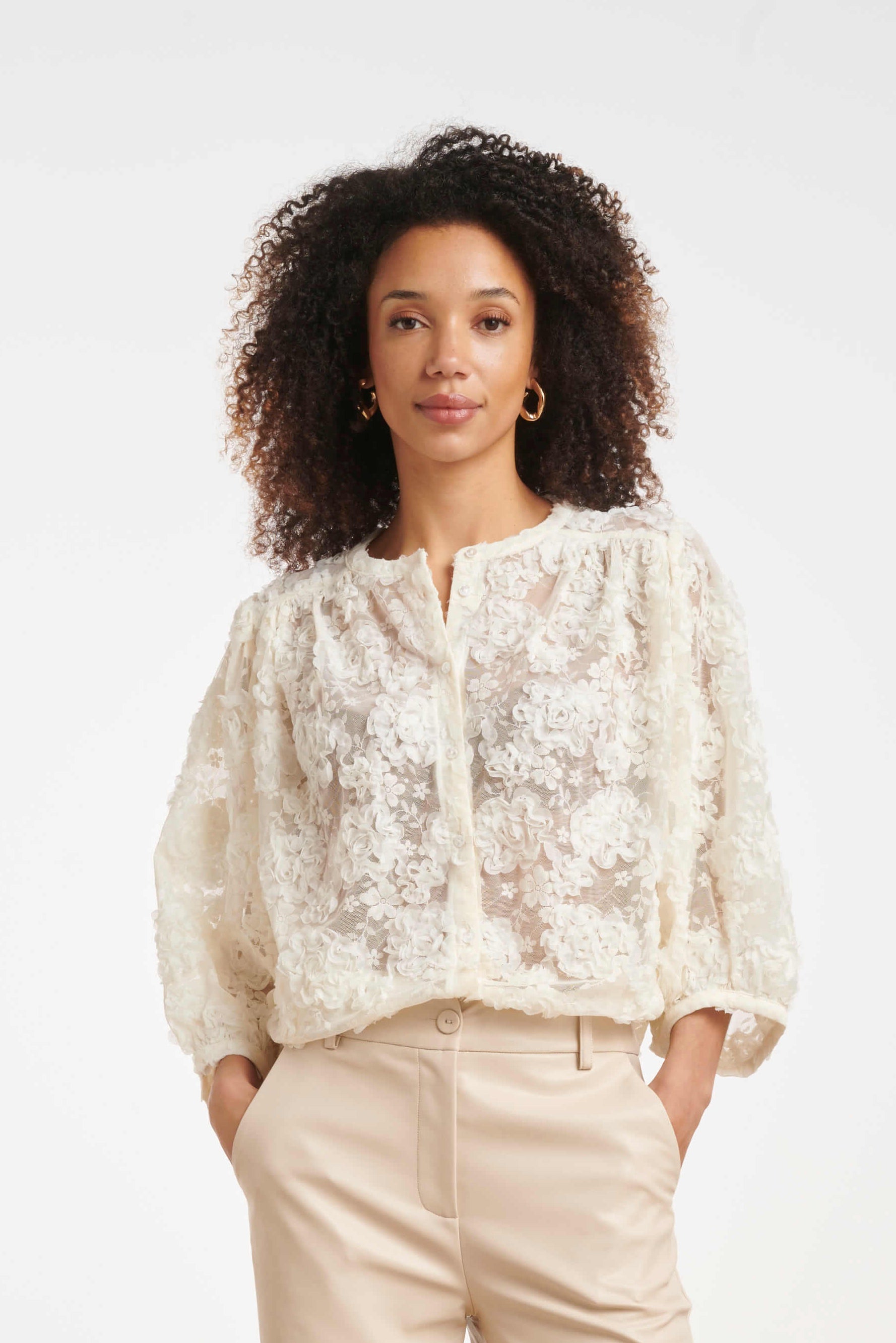 Smashed Lemon textured floral blouse with three-dimensional floral print