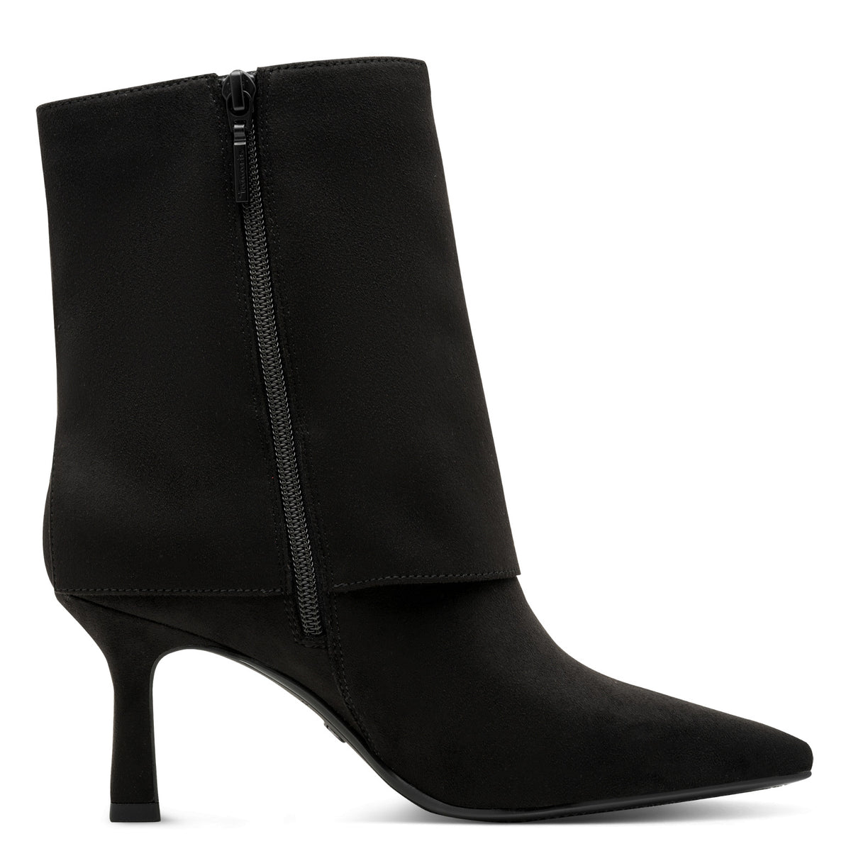 Side view of Tamaris heeled ankle boots with a suede-look finish