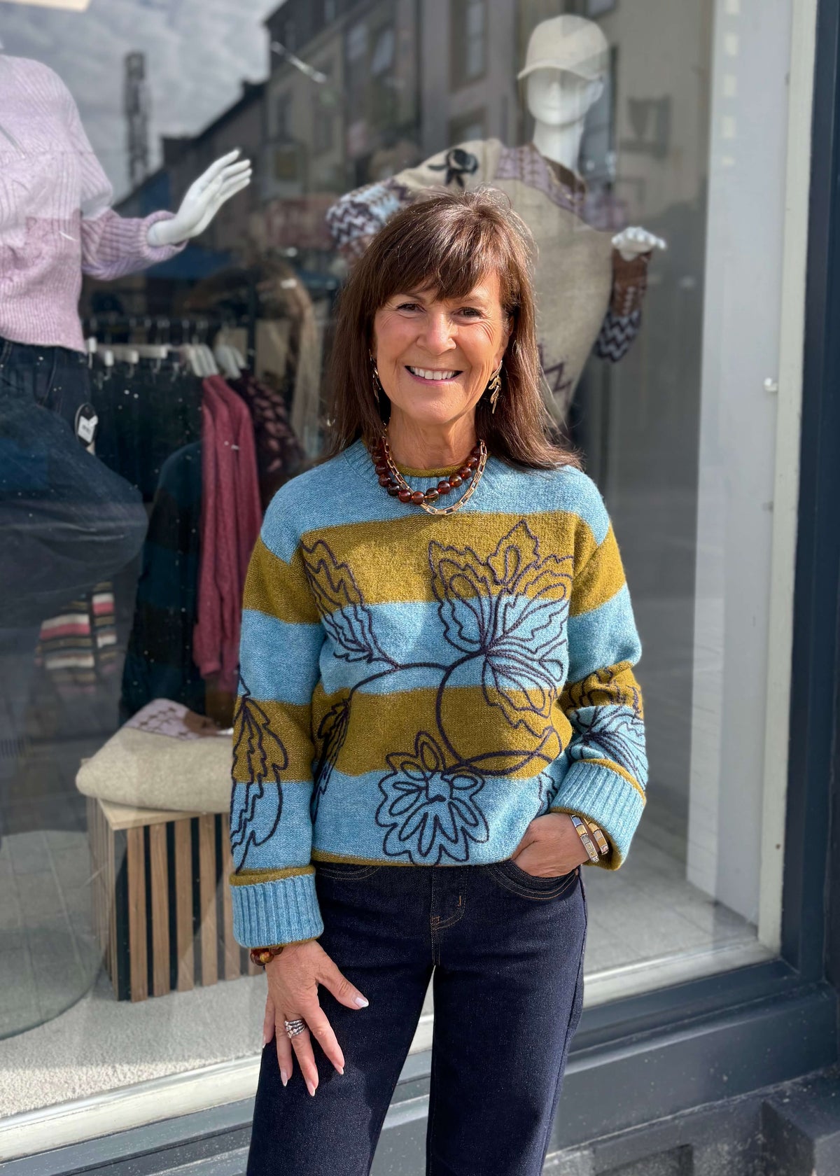 White Stuff embroidered stripe jumper lifestyle view